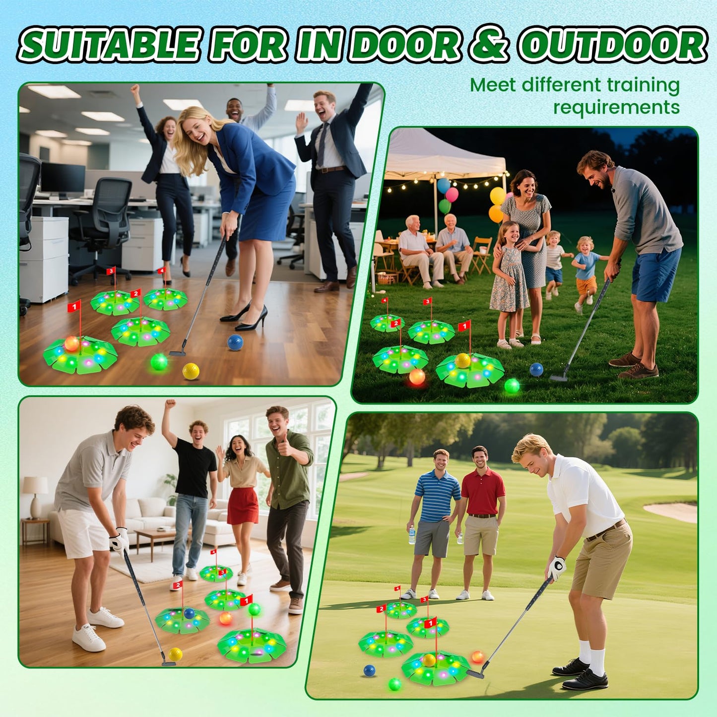 VATOS Light-Up Golf Putting Game Set – Glow Mini Golf with 4 LED Holes, 4 Balls (2 Glow), Extendable Putter
