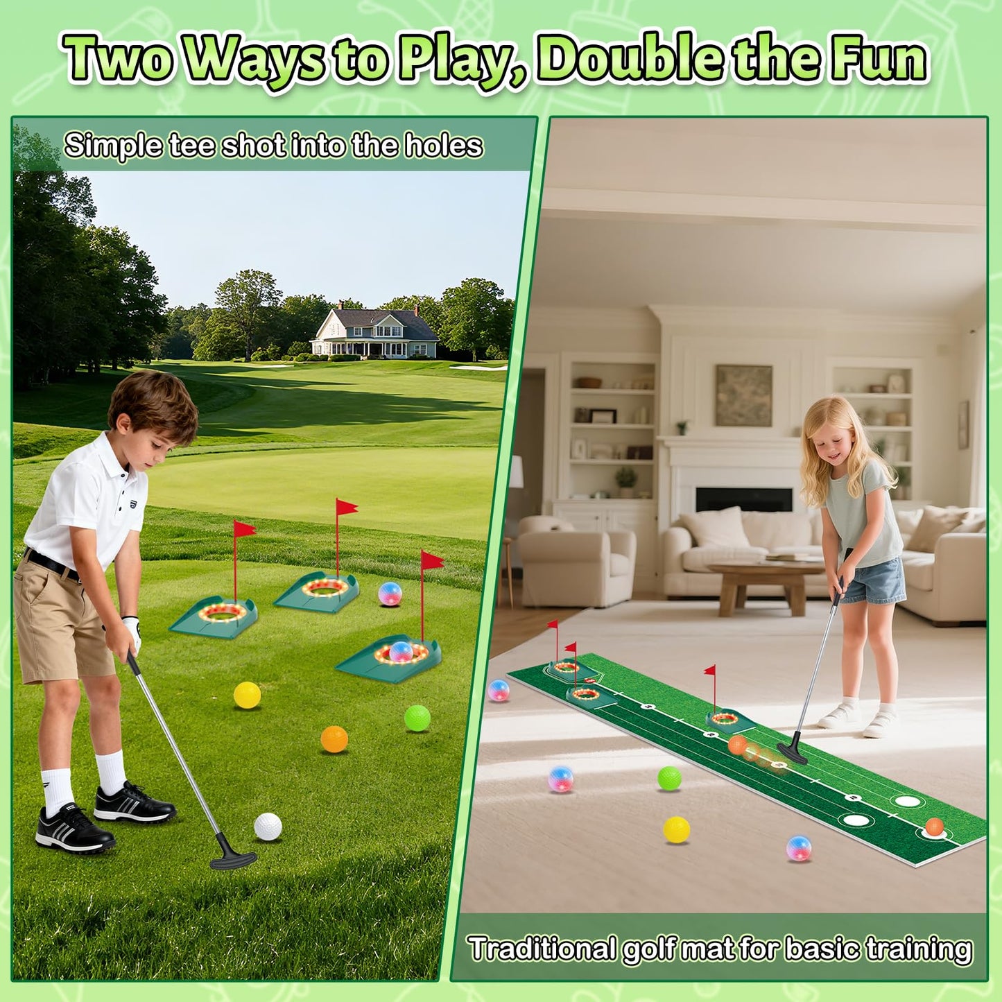 VATOS Golf Putting Set for Kids - Glow Night Golf Toy with 3 Holes & Adjustable Putter
