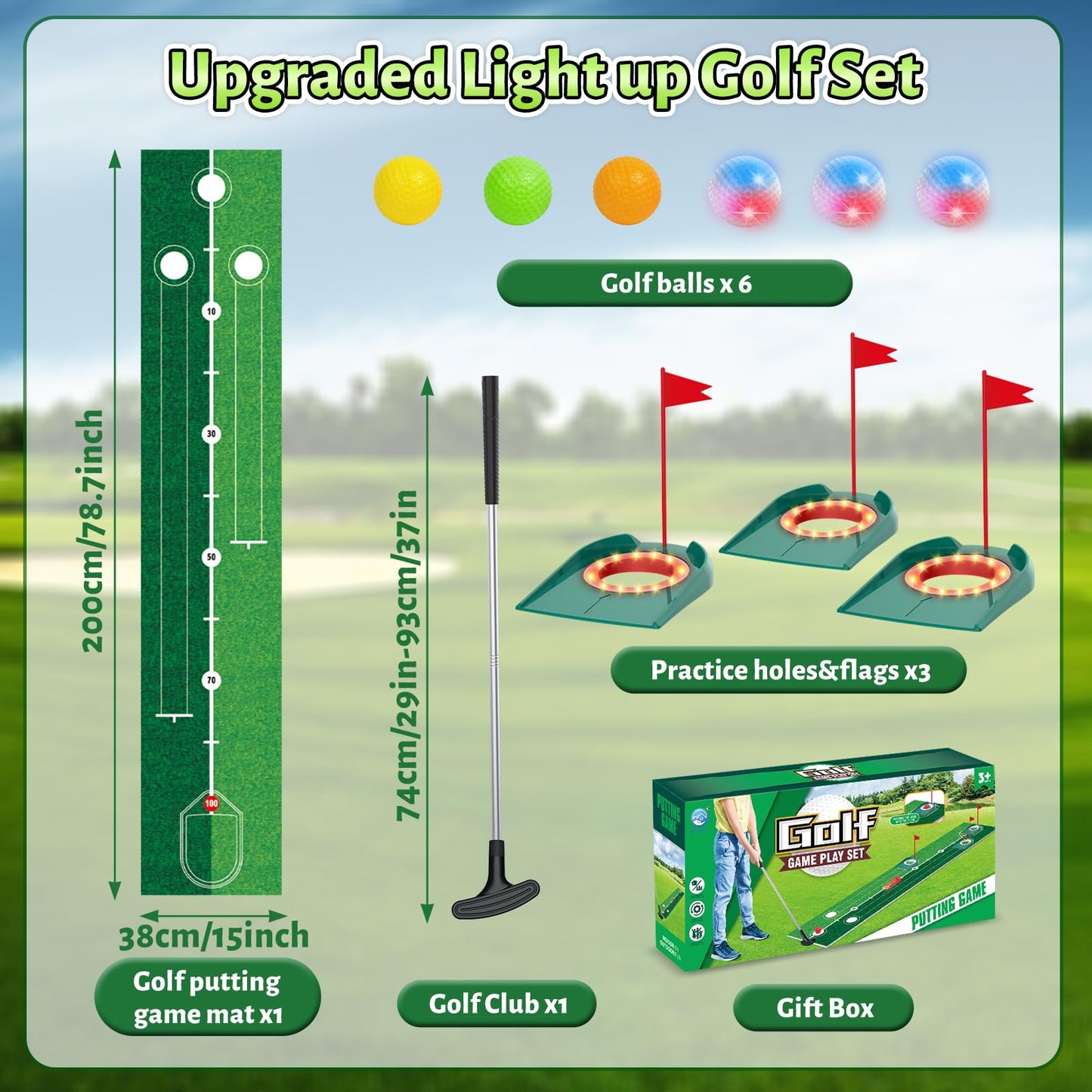 VATOS Golf Putting Set for Kids - Glow Night Golf Toy with 3 Holes & Adjustable Putter