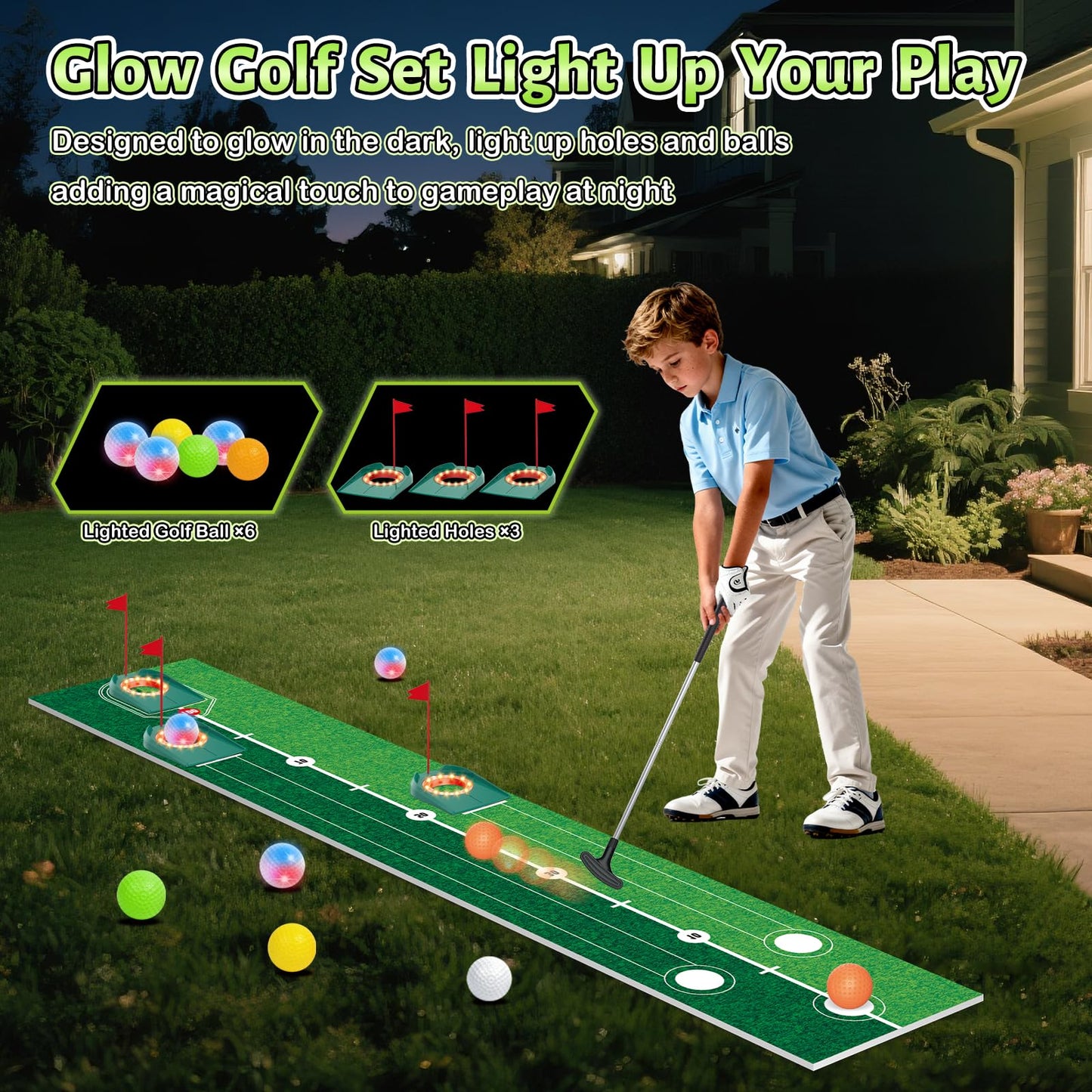 VATOS Golf Putting Set for Kids - Glow Night Golf Toy with 3 Holes & Adjustable Putter