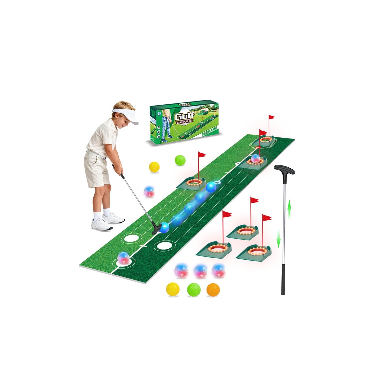 VATOS Golf Putting Set for Kids - Glow Night Golf Toy with 3 Holes & Adjustable Putter