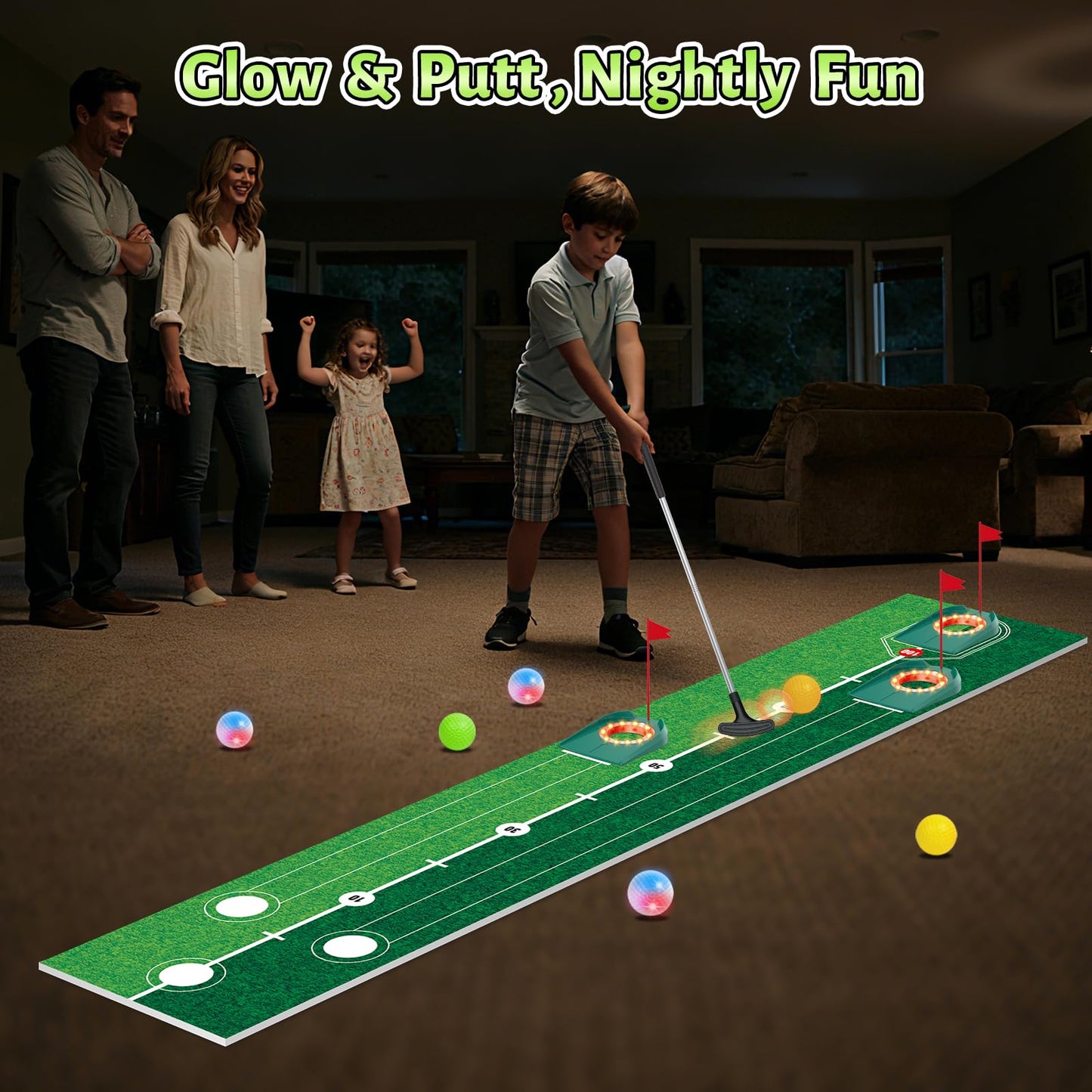VATOS Golf Putting Set for Kids - Glow Night Golf Toy with 3 Holes & Adjustable Putter
