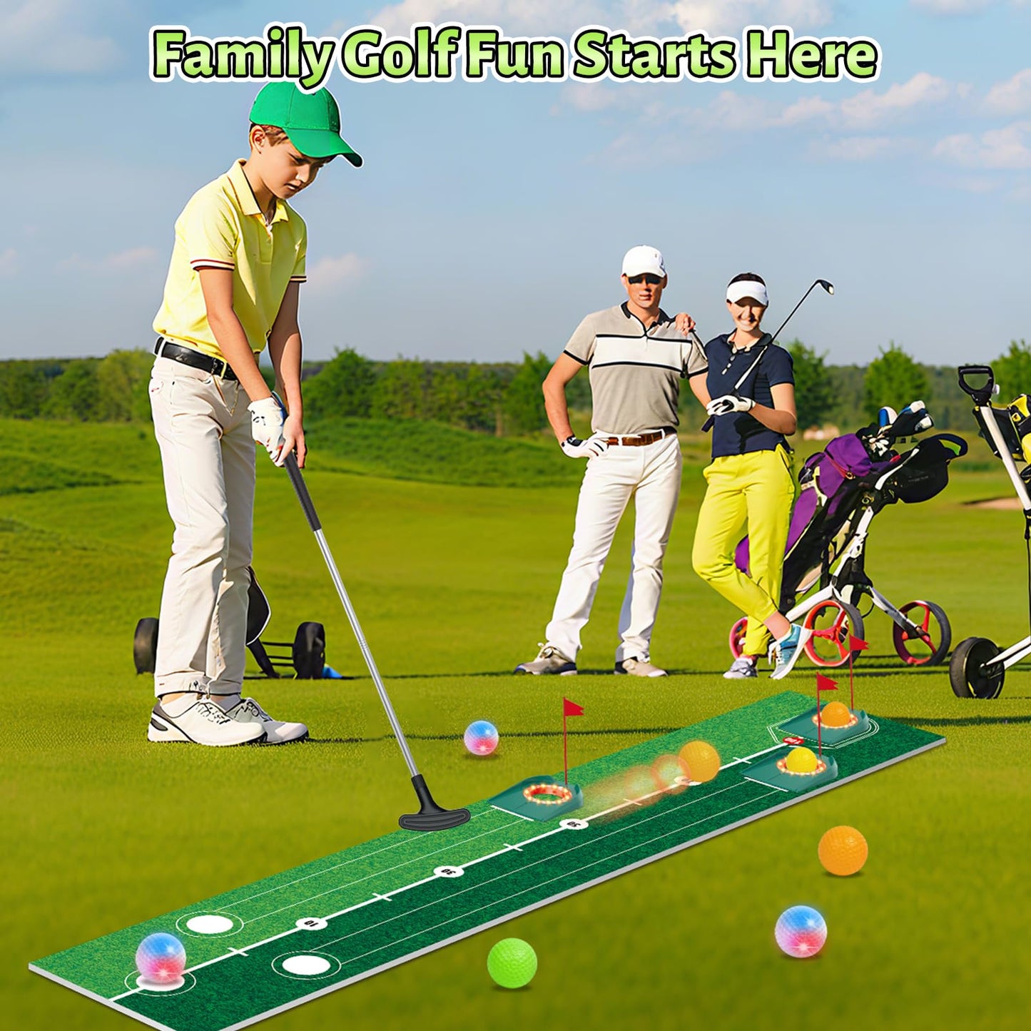 VATOS Golf Putting Set for Kids - Glow Night Golf Toy with 3 Holes & Adjustable Putter