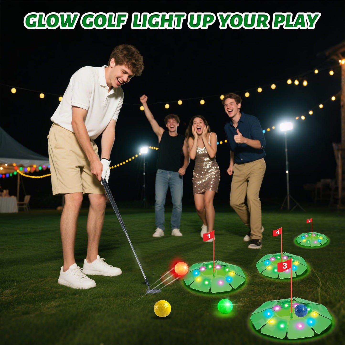 VATOS Light-Up Golf Putting Game Set – Glow Mini Golf with 4 LED Holes, 4 Balls (2 Glow), Extendable Putter