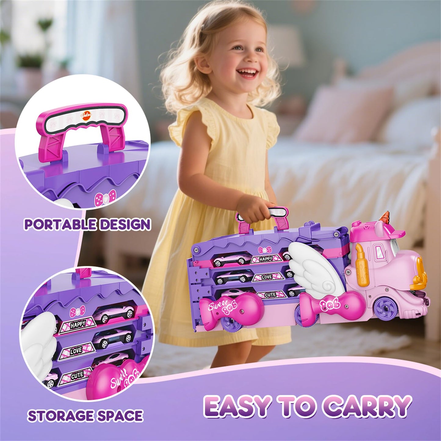 VATOS Toddler Truck Car Toys with Foldable Race Track | 6 Cars, Lights & Music