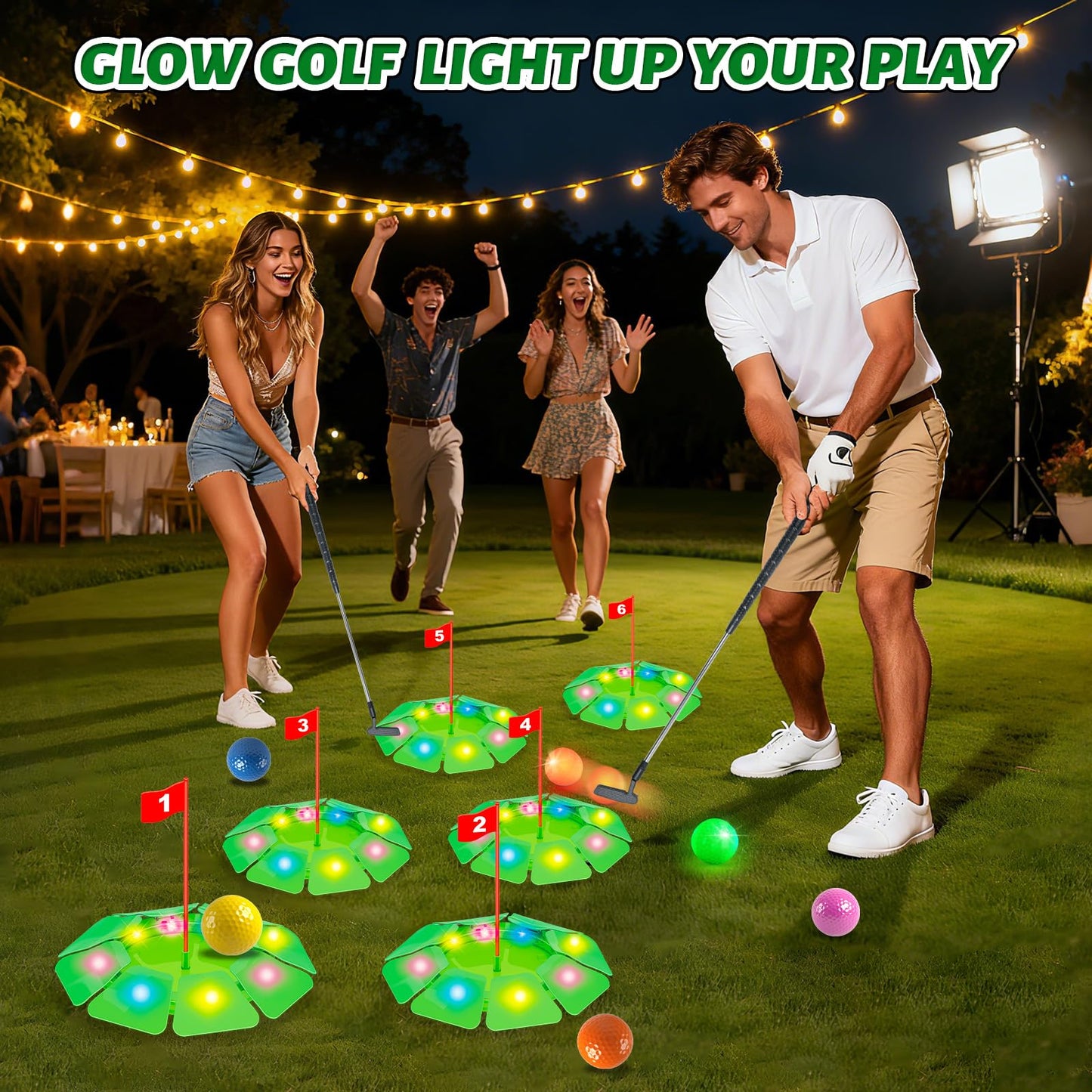 VATOS Light-Up Golf Putting Game Set — Glow Holes, 6 Balls, Extendable Putter