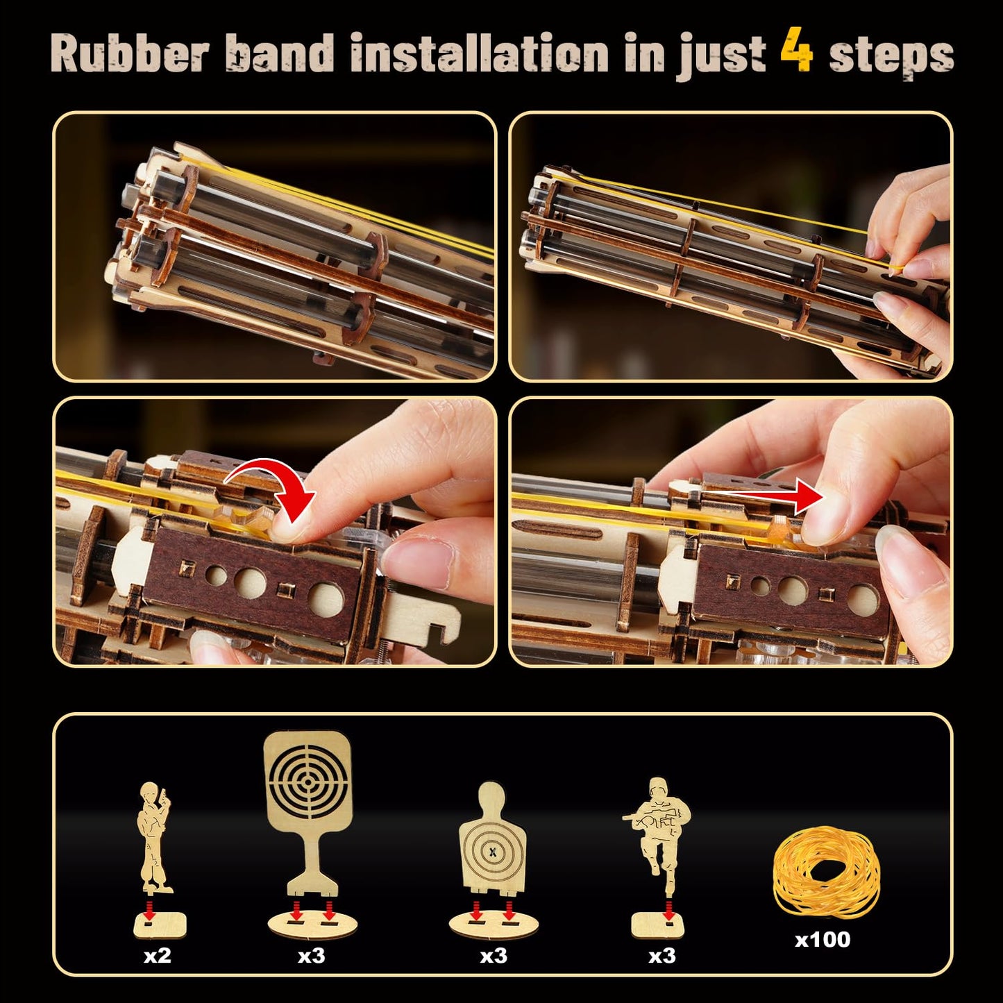 VATOS 3D Wooden Puzzle for Adults – 344-Piece Machine Gun with Rubber Bands | DIY Wood Model Kit (Ages 14+)