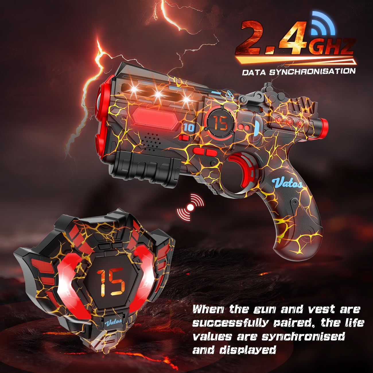 VATOS Rechargeable Laser Tag Set – 4 Guns & 4 Vests, 2.4GHz Sync