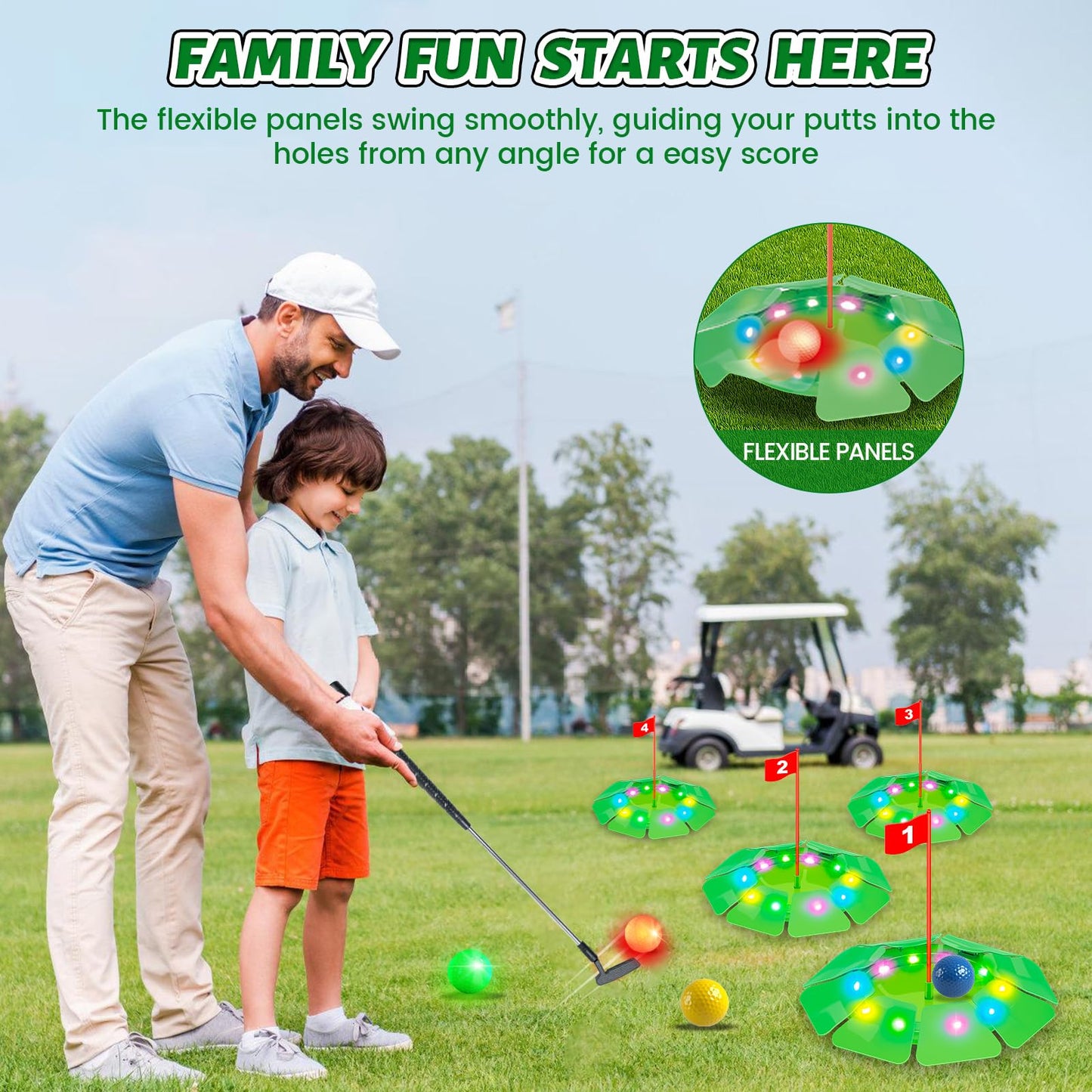 VATOS Light-Up Golf Putting Game Set – Glow Mini Golf with 4 LED Holes, 4 Balls (2 Glow), Extendable Putter