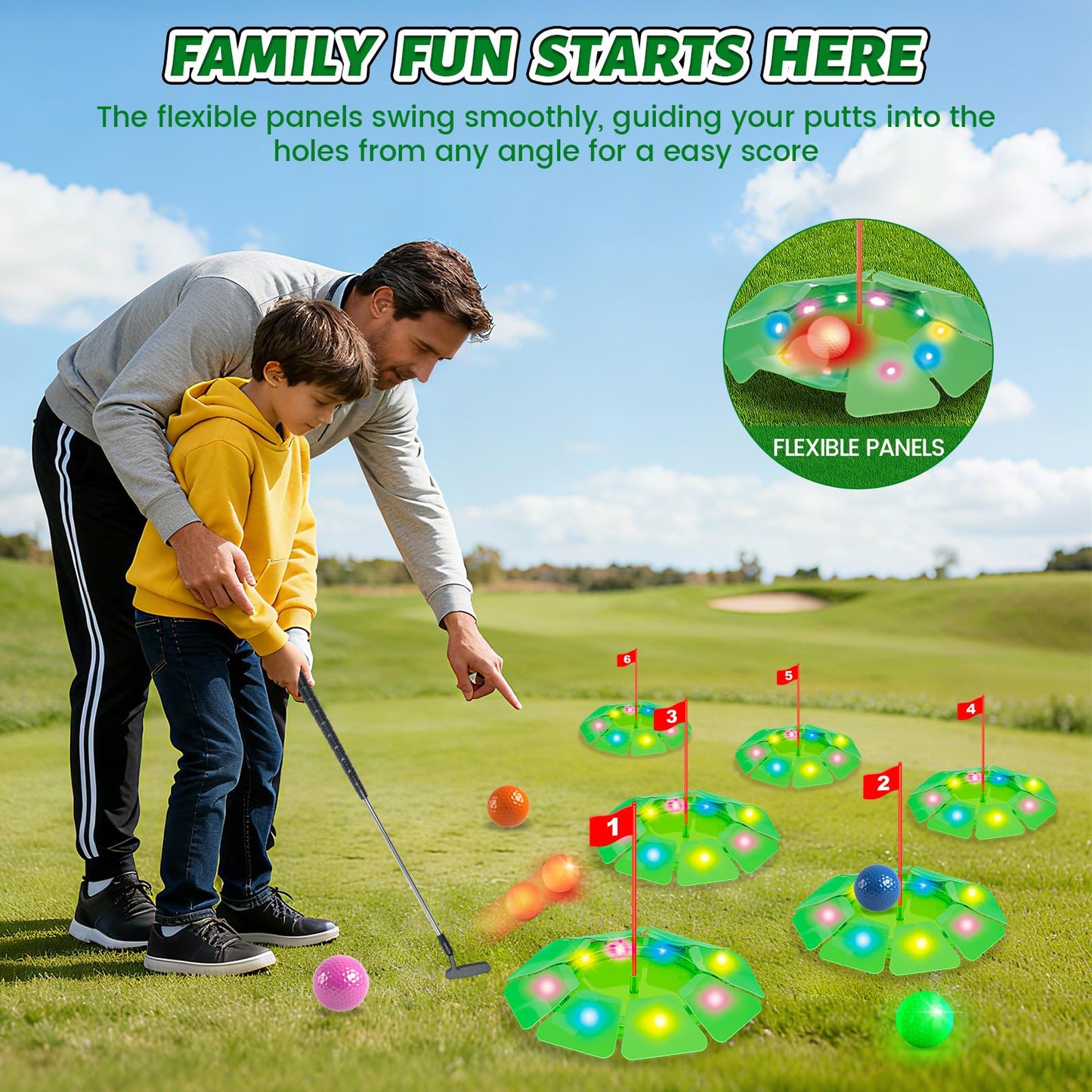VATOS Light-Up Golf Putting Game Set — Glow Holes, 6 Balls, Extendable Putter