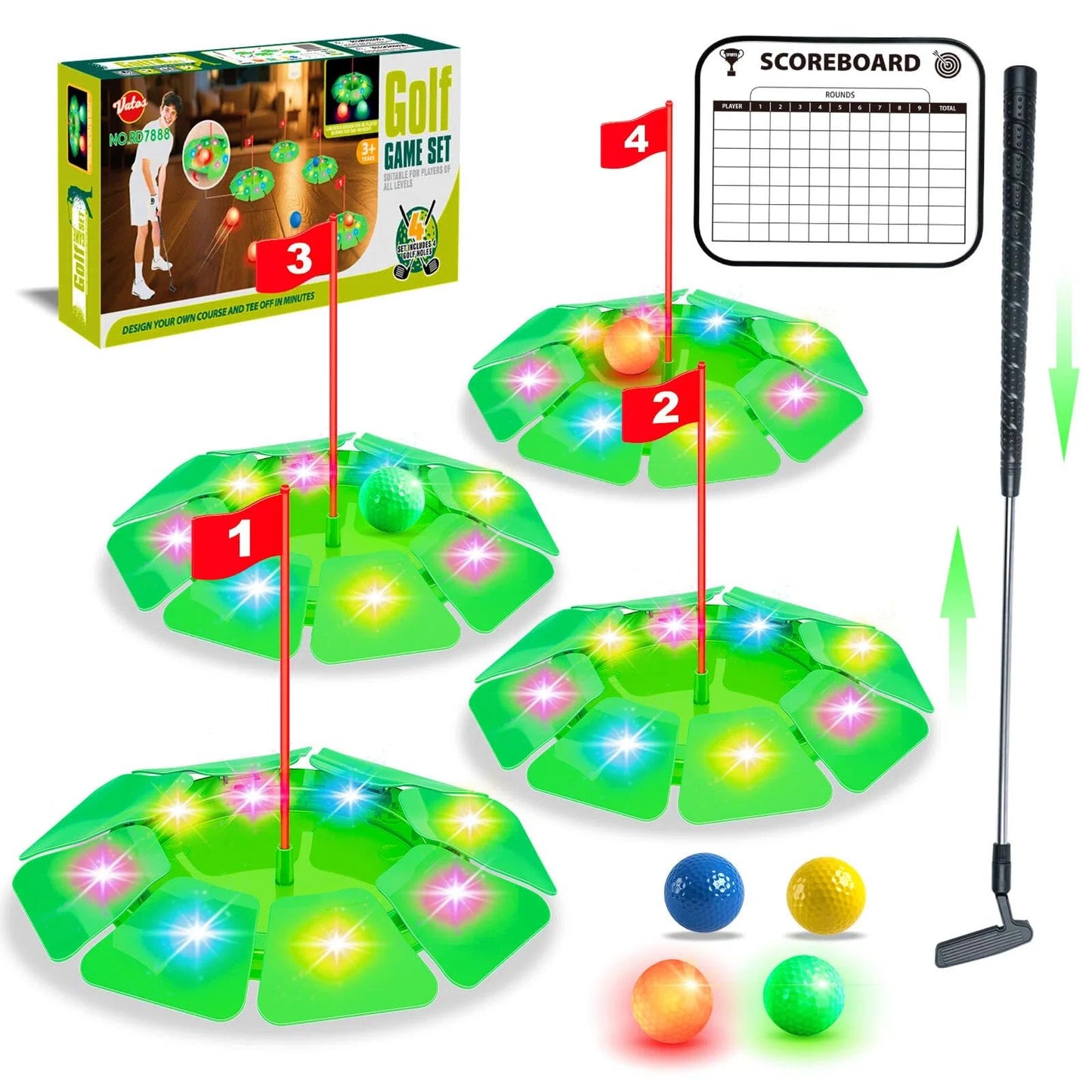 VATOS Light-Up Golf Putting Game Set – Glow Mini Golf with 4 LED Holes, 4 Balls (2 Glow), Extendable Putter