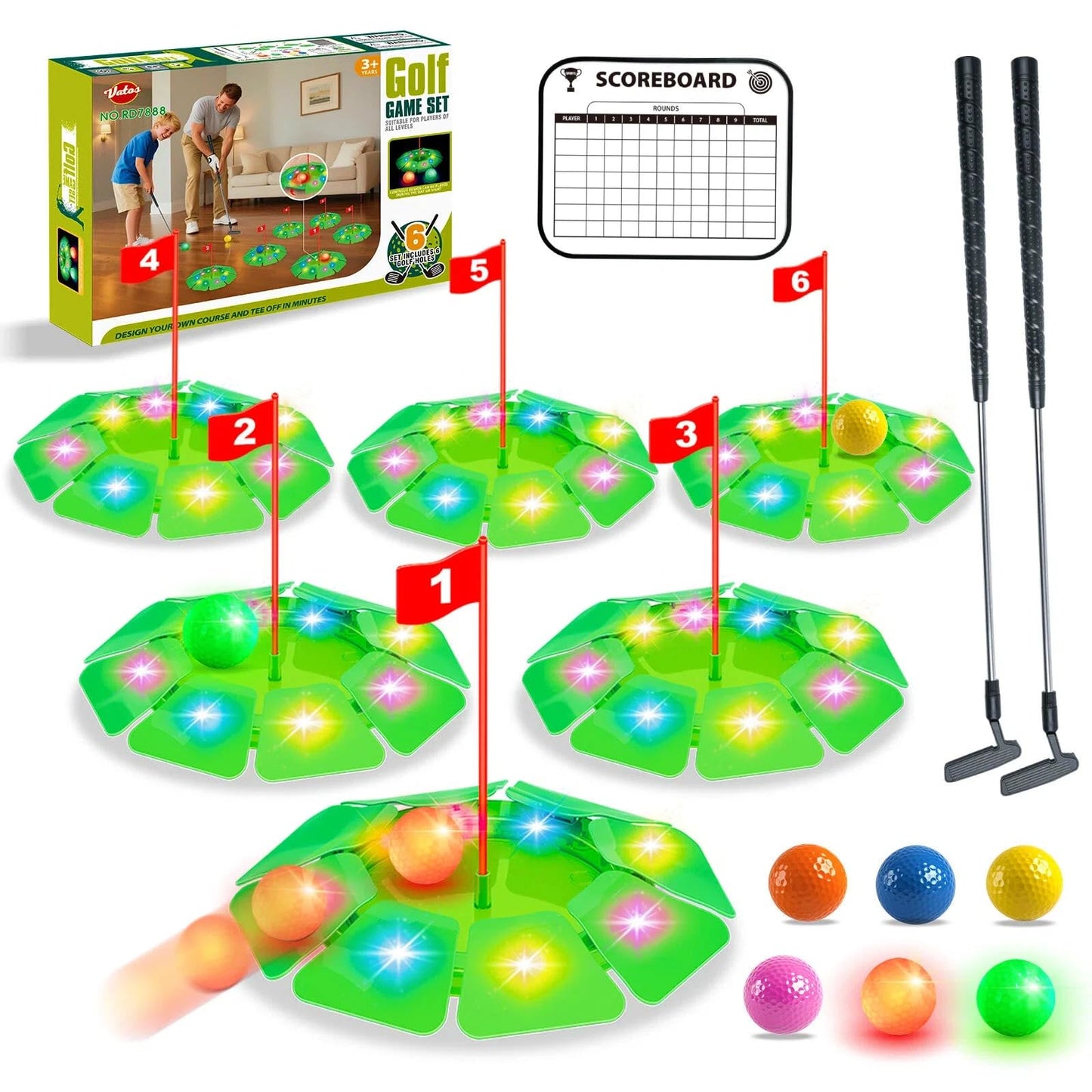 VATOS Light-Up Golf Putting Game Set — Glow Holes, 6 Balls, Extendable Putter