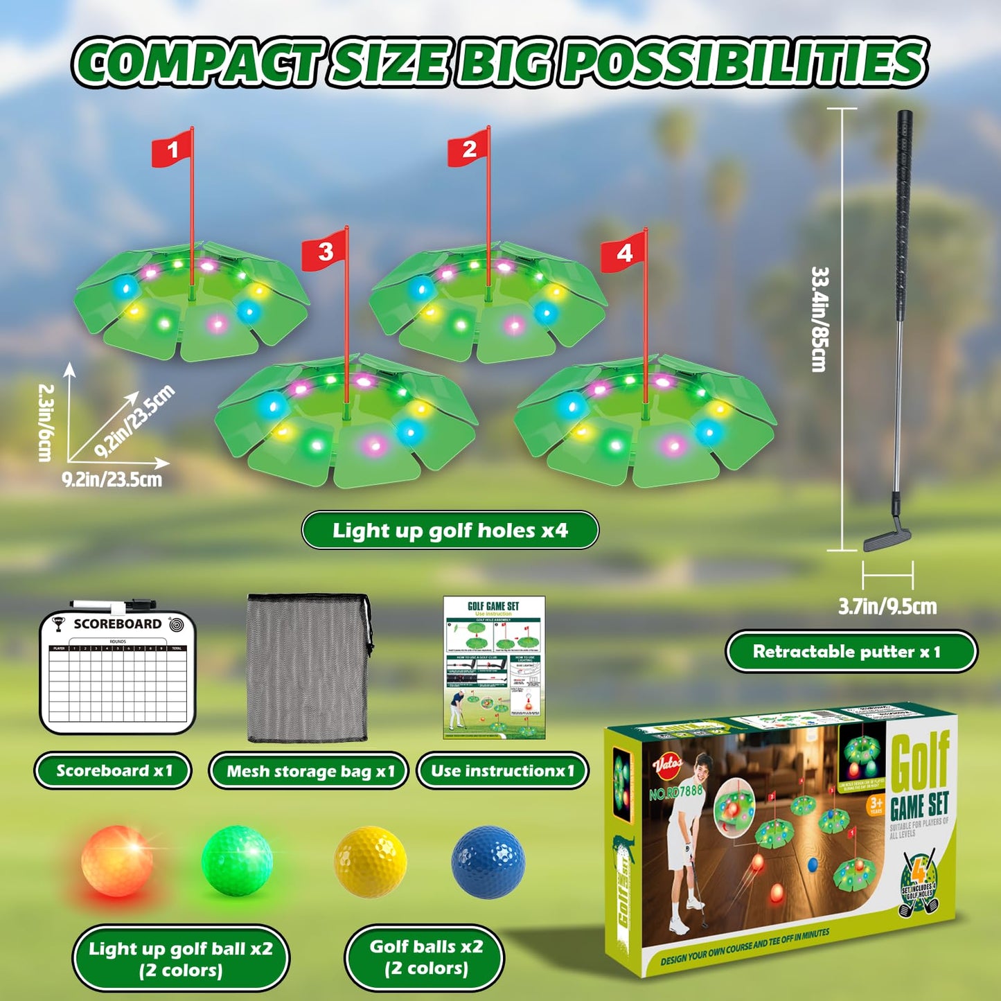VATOS Light-Up Golf Putting Game Set – Glow Mini Golf with 4 LED Holes, 4 Balls (2 Glow), Extendable Putter