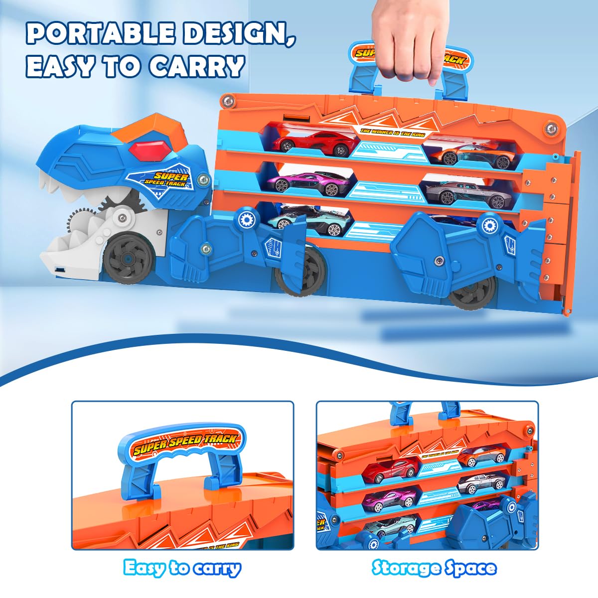 VATOS Toddler Truck Toy: Ejection Folding Dinosaur Track & 8 Mini Race Cars