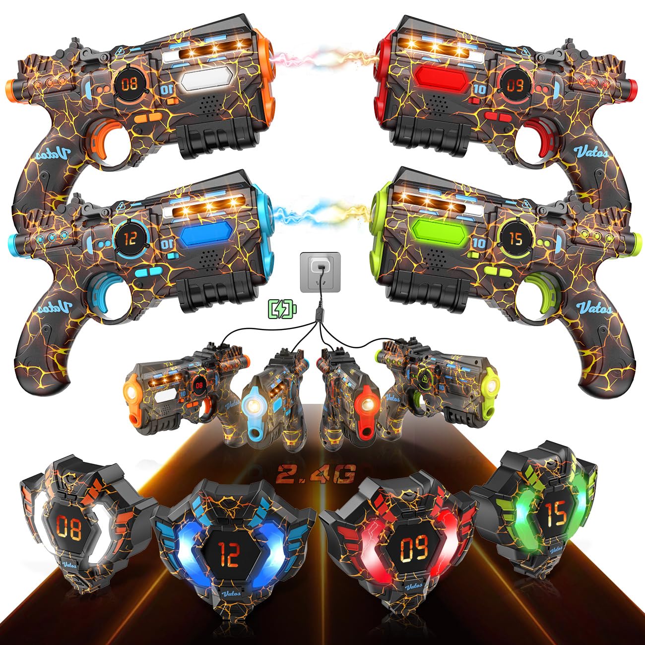 VATOS Rechargeable Laser Tag Set – 4 Guns & 4 Vests, 2.4GHz Sync