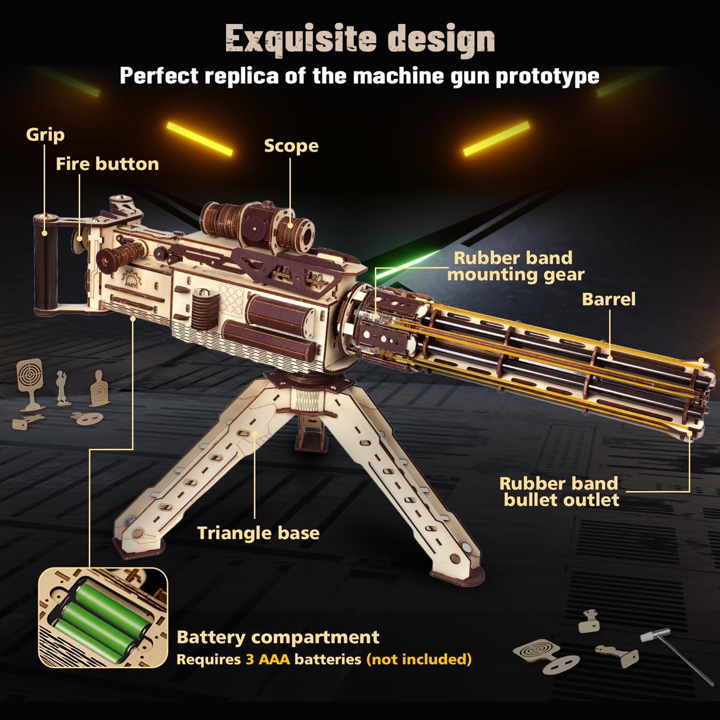 VATOS 3D Wooden Puzzle for Adults – 344-Piece Machine Gun with Rubber Bands | DIY Wood Model Kit (Ages 14+)