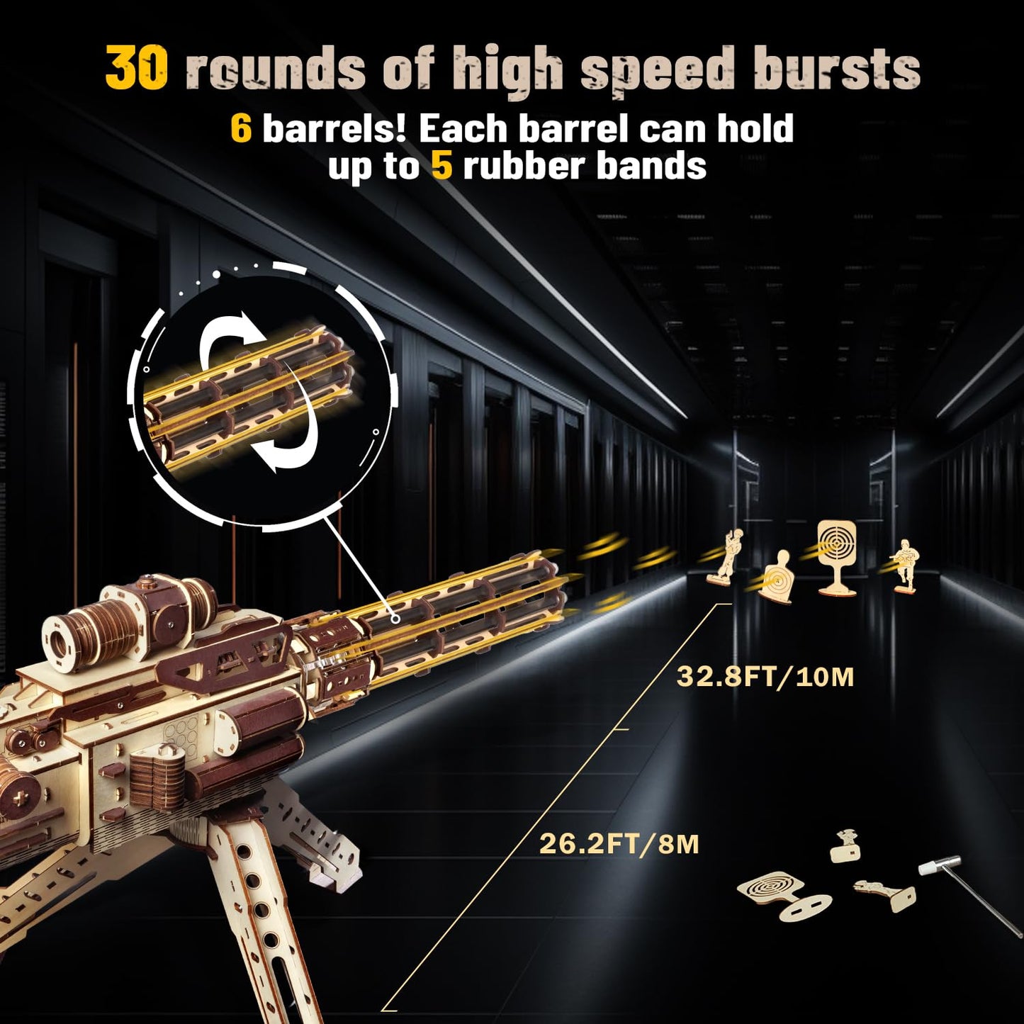 VATOS 3D Wooden Puzzle for Adults – 344-Piece Machine Gun with Rubber Bands | DIY Wood Model Kit (Ages 14+)
