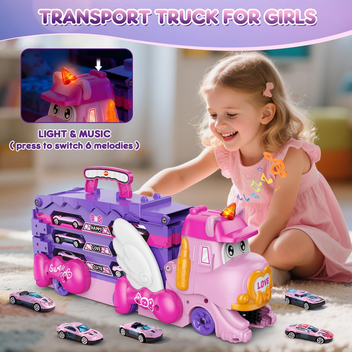 VATOS Toddler Truck Car Toys with Foldable Race Track | 6 Cars, Lights & Music