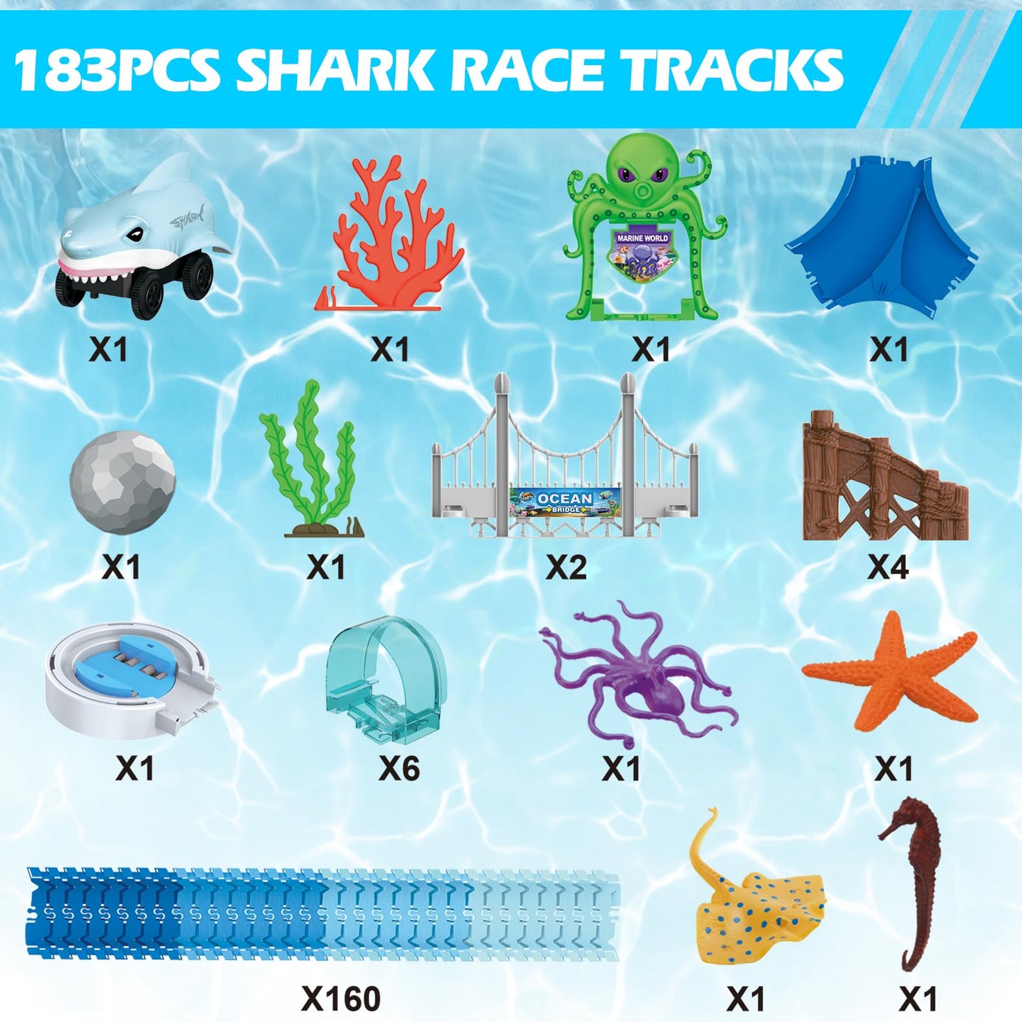 VATOS Track Toys Shark Race Car 183 Pcs – Ocean Themed STEM Playset for 3–9 Year Olds