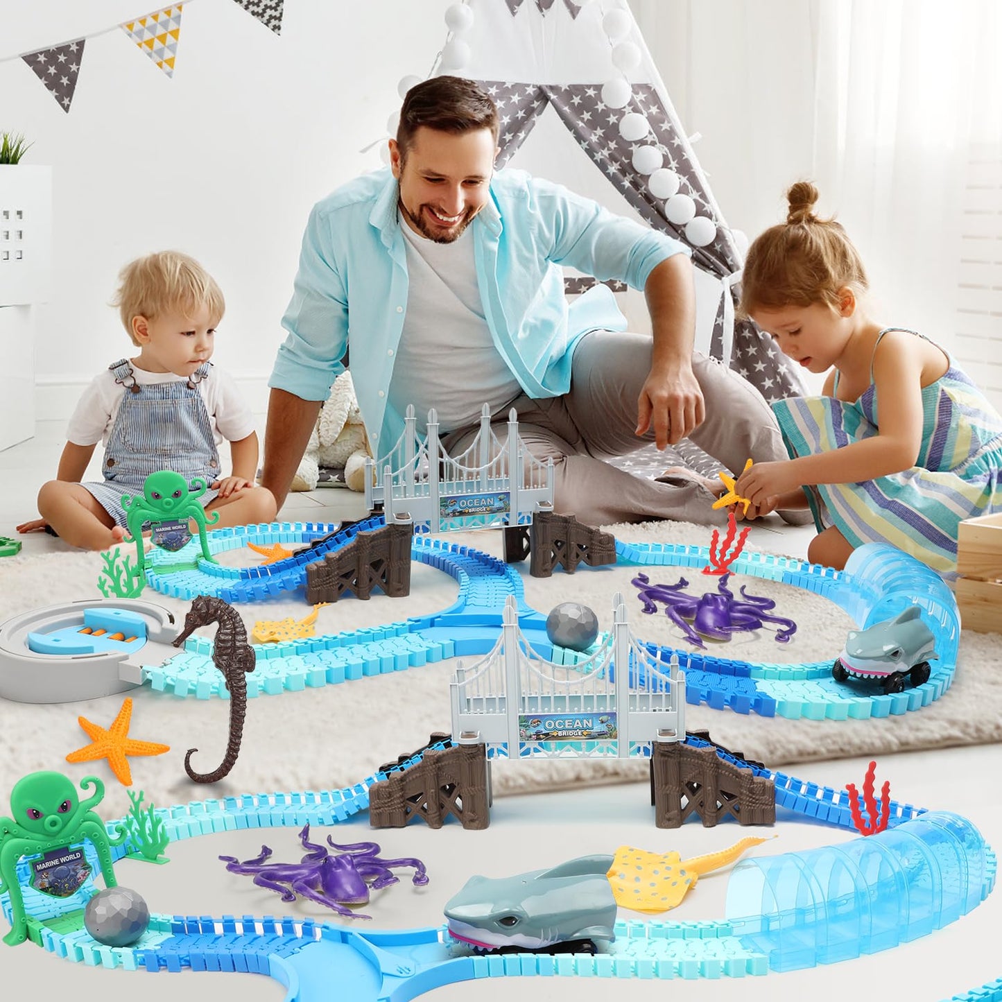 VATOS Track Toys Shark Race Car 183 Pcs – Ocean Themed STEM Playset for 3–9 Year Olds