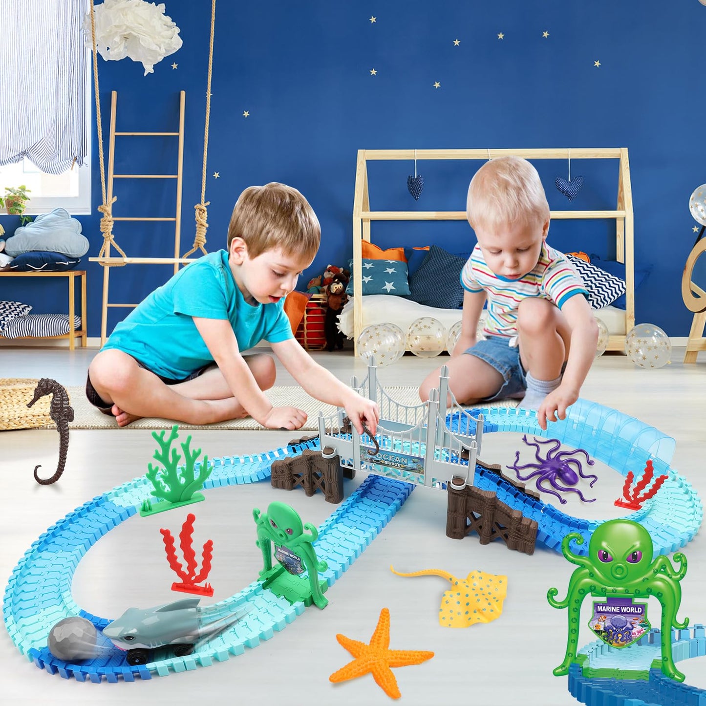 VATOS Track Toys Shark Race Car 183 Pcs – Ocean Themed STEM Playset for 3–9 Year Olds