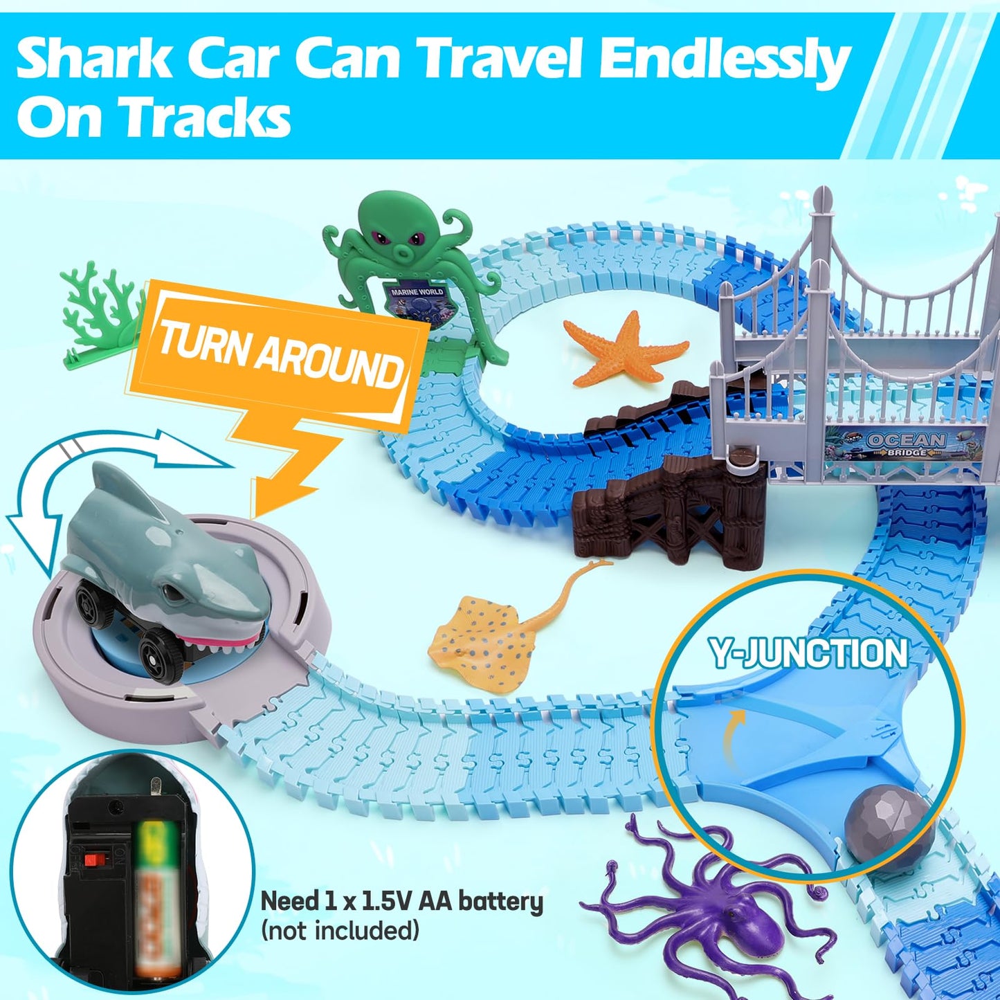 VATOS Track Toys Shark Race Car 183 Pcs – Ocean Themed STEM Playset for 3–9 Year Olds
