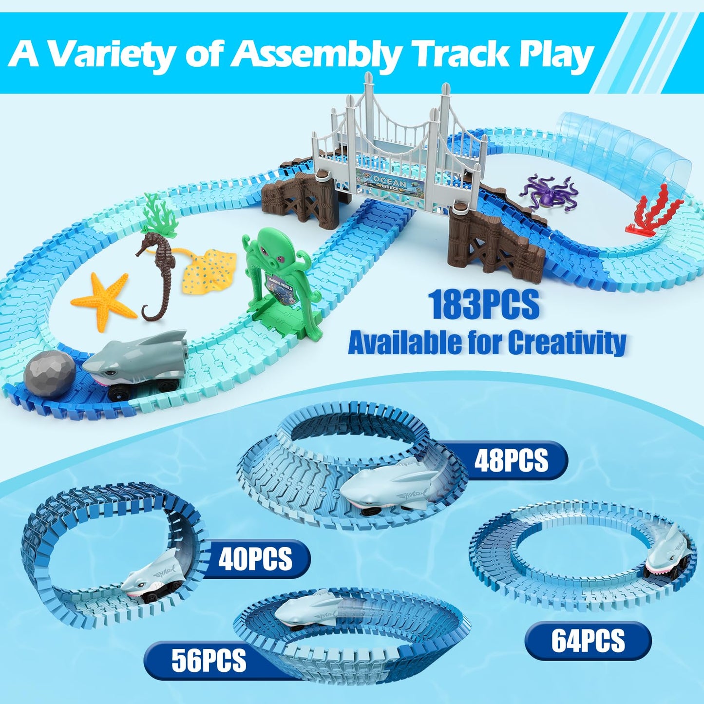 VATOS Track Toys Shark Race Car 183 Pcs – Ocean Themed STEM Playset for 3–9 Year Olds