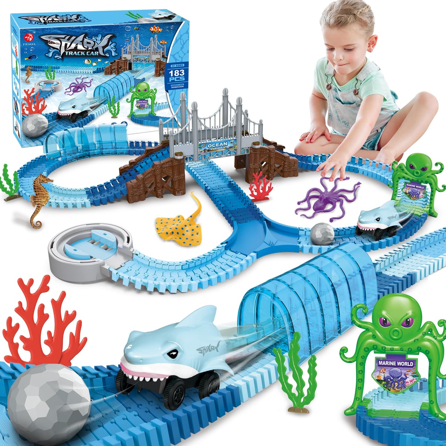 VATOS Track Toys Shark Race Car 183 Pcs – Ocean Themed STEM Playset for 3–9 Year Olds