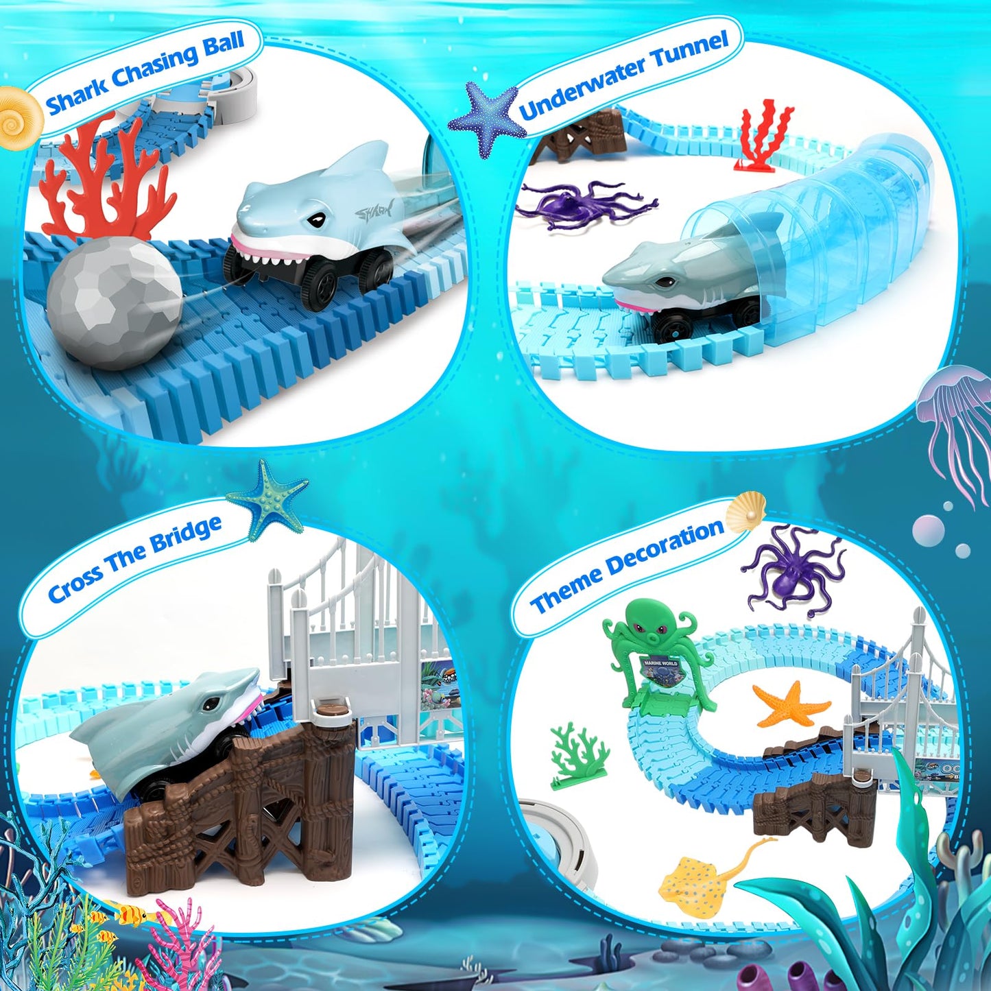 VATOS Track Toys Shark Race Car 183 Pcs – Ocean Themed STEM Playset for 3–9 Year Olds