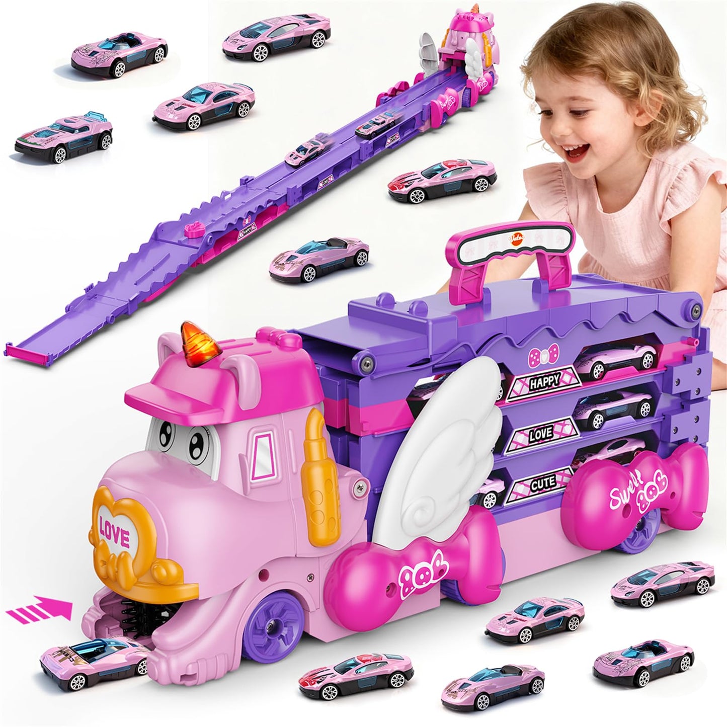 VATOS Toddler Truck Car Toys with Foldable Race Track | 6 Cars, Lights & Music