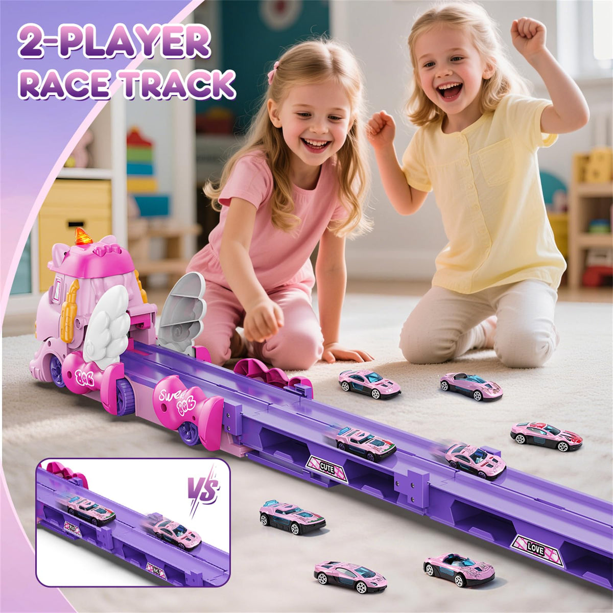VATOS Toddler Truck Car Toys with Foldable Race Track | 6 Cars, Lights & Music