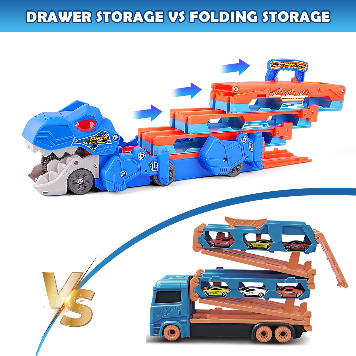 VATOS Toddler Truck Toy: Ejection Folding Dinosaur Track & 8 Mini Race Cars