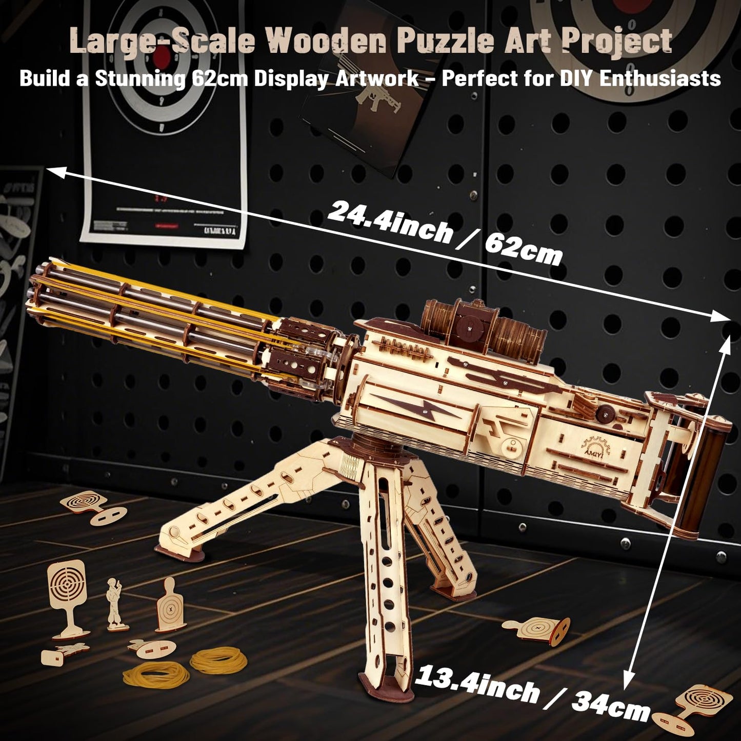VATOS 3D Wooden Puzzle for Adults – 344-Piece Machine Gun with Rubber Bands | DIY Wood Model Kit (Ages 14+)