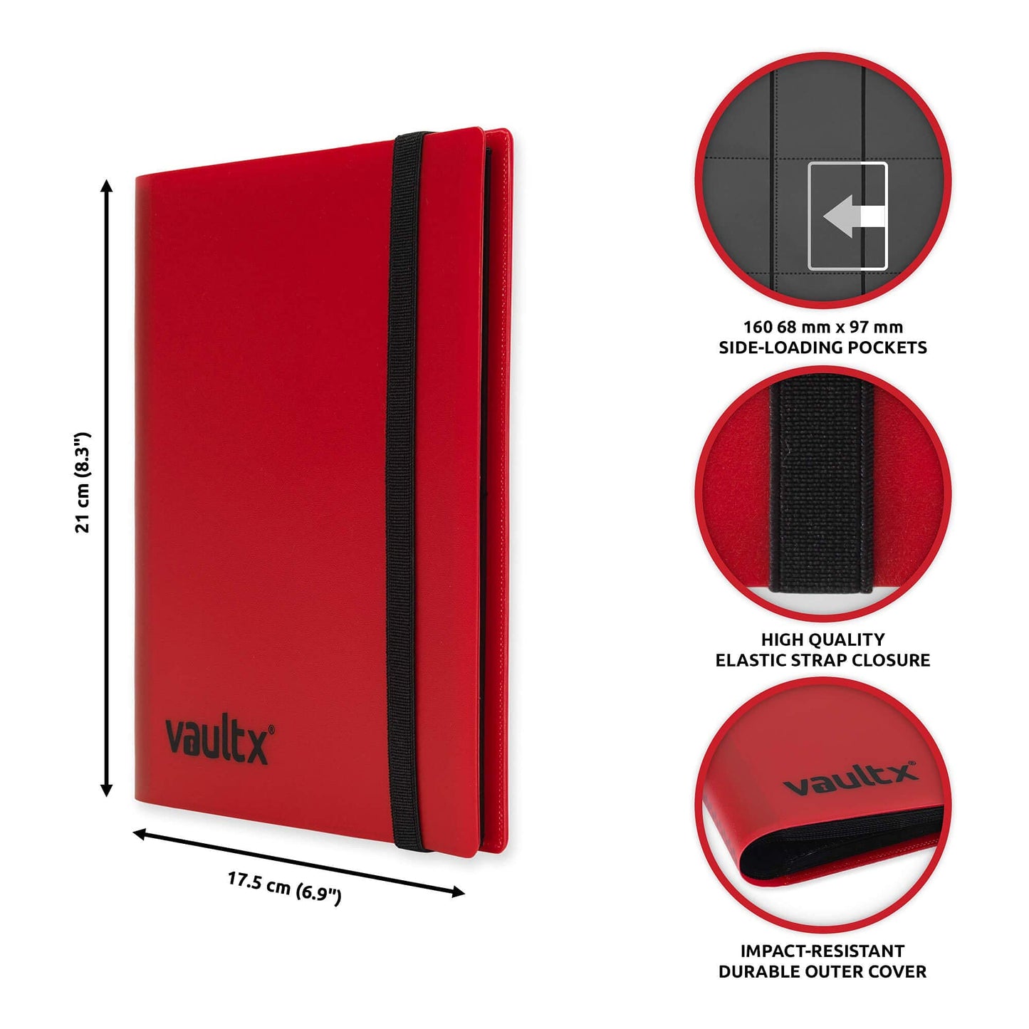 Vault X 4-Pocket Trading Card Strap Binder – 160 Cards, 20 Side-Loading Pages, Red