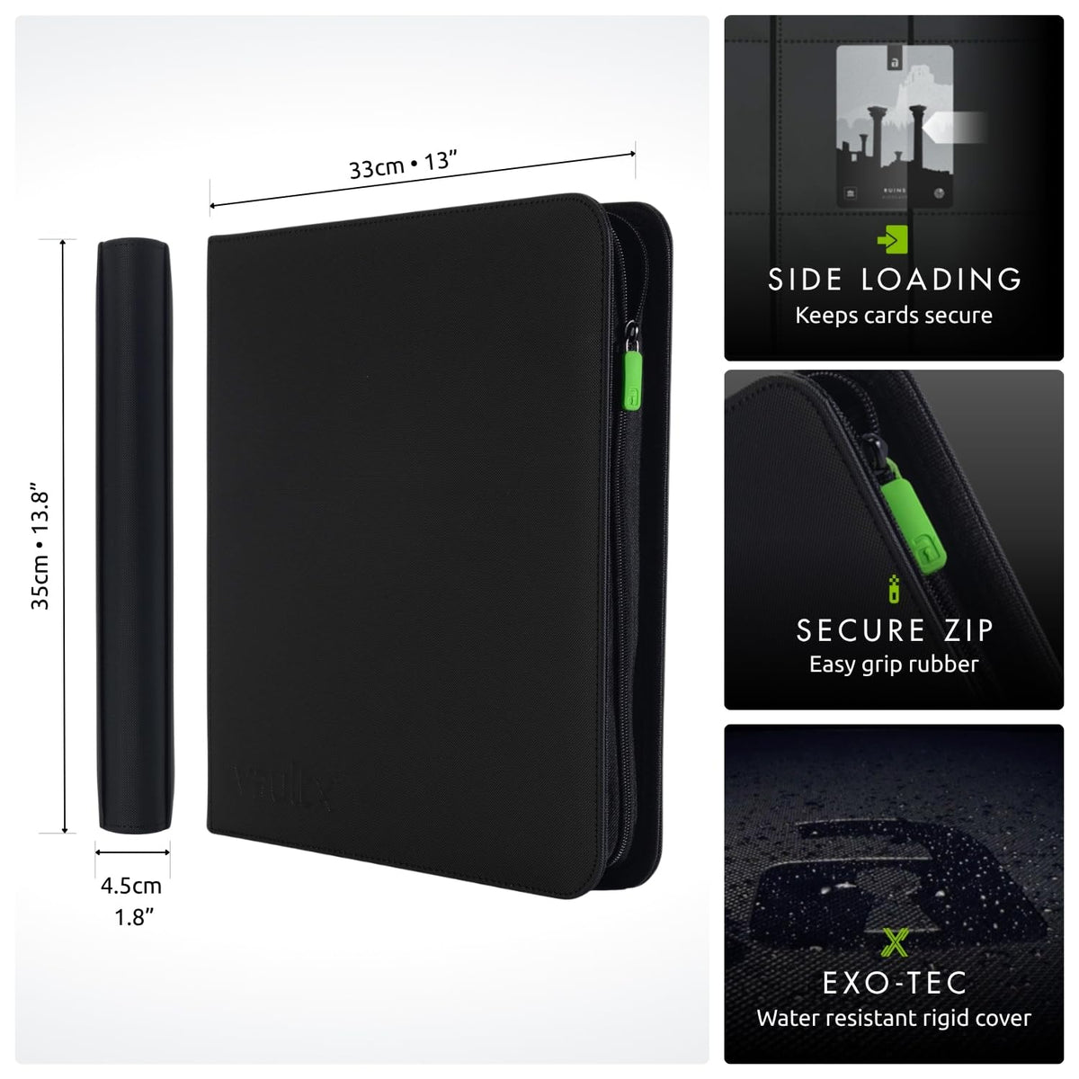 Vault X 12 Pocket Card Zip Binder – 480 Cards, Exo-Tec Cover, 20 Pages (Black)