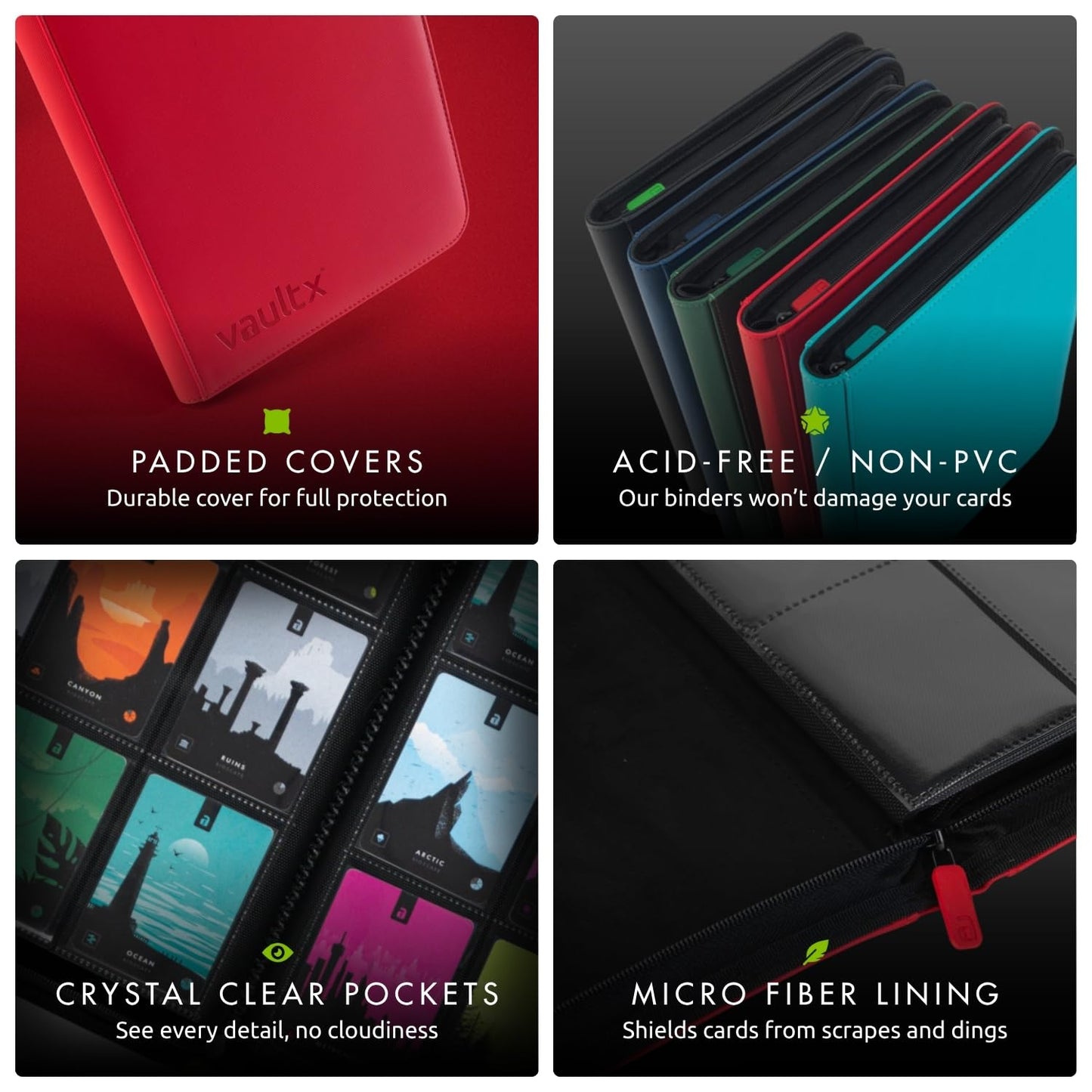 Vault X 12-Pocket Trading Card Zip Binder – 480 Card Capacity, Exo-Tec Cover (Red)