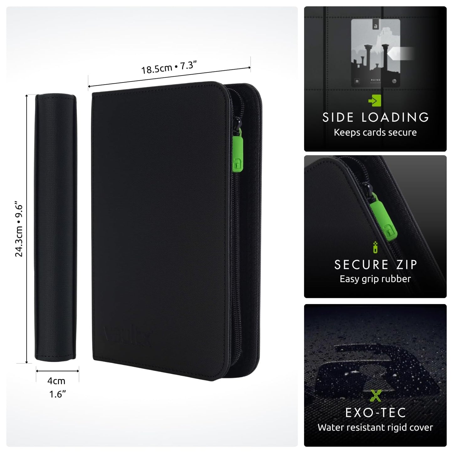 Vault X 4 Pocket Trading Card Zip Binder – 160 Cards, Exo-Tec, 20 Pages, Black