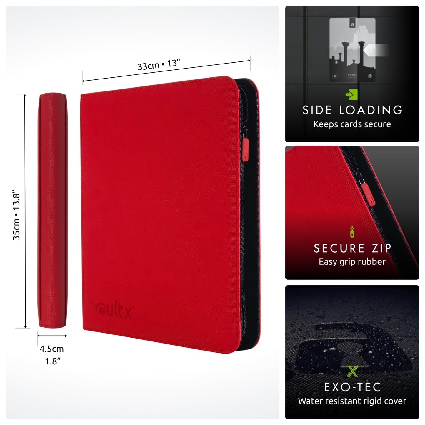 Vault X 12-Pocket Trading Card Zip Binder – 480 Card Capacity, Exo-Tec Cover (Red)