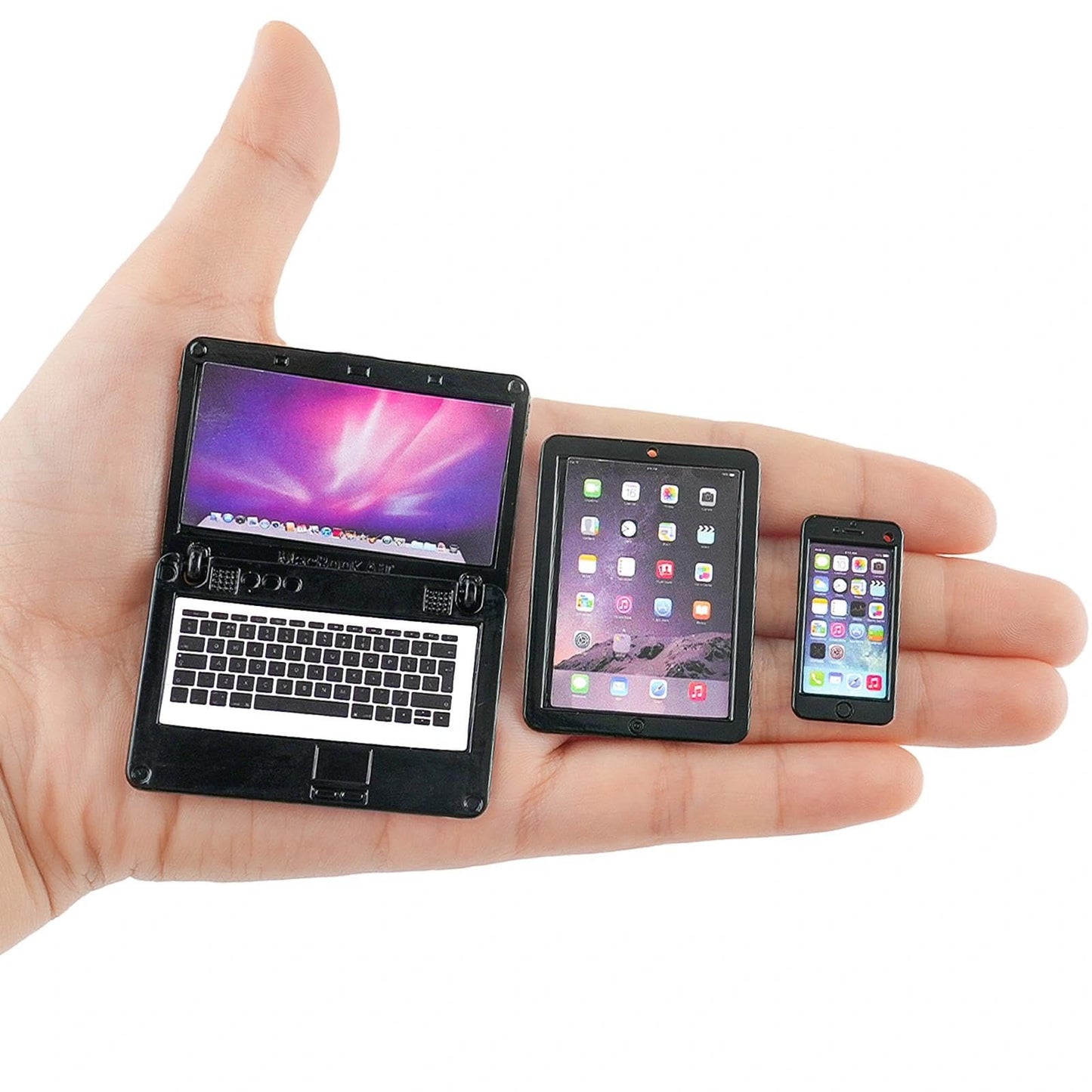 Vawuz 3-Piece Dollhouse Black Office Set: Metal Laptop, Tablet & Phone (1/6 & 1/12 Scale)