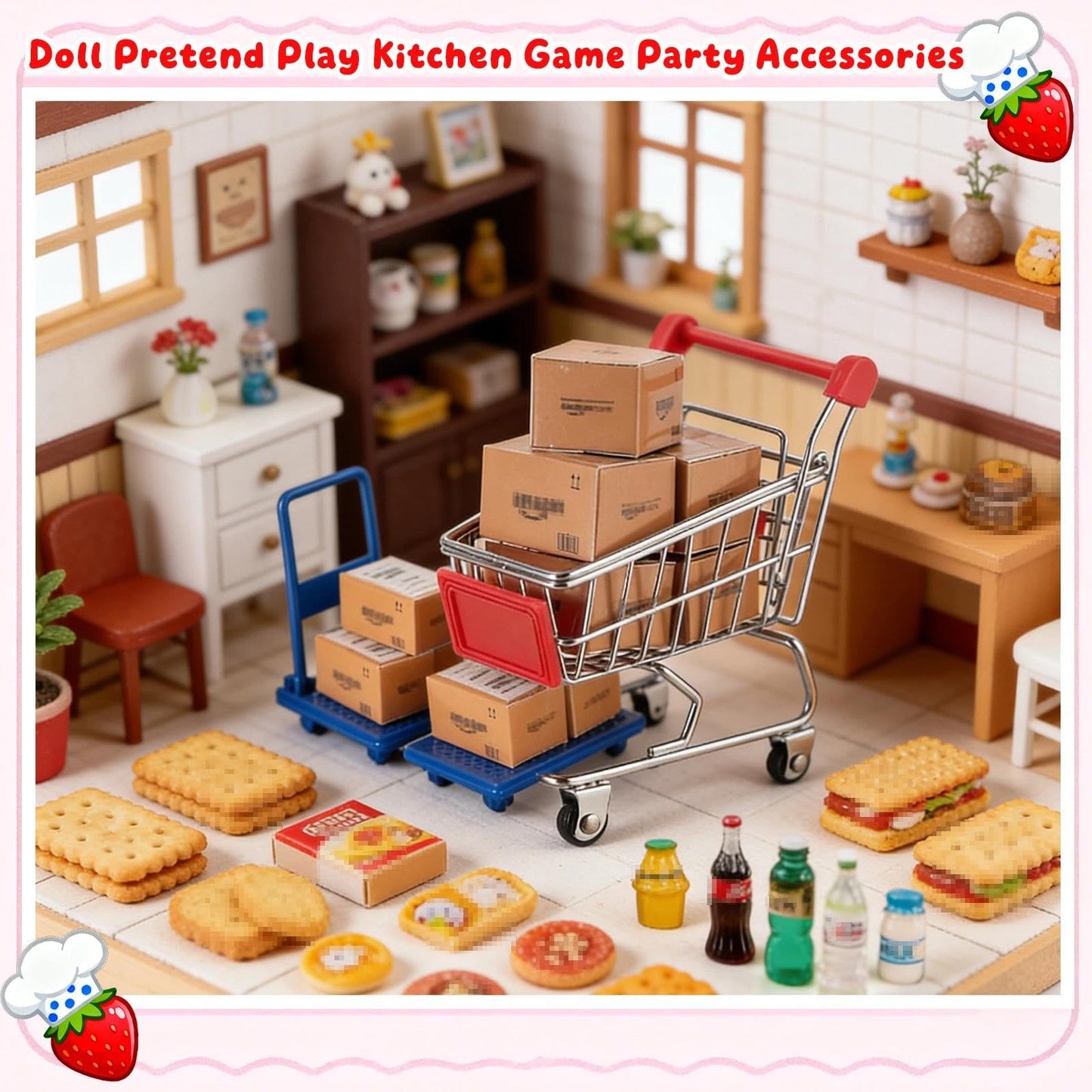 Vawuz 175PCS Miniature Shopping Cart Set – 1:12 Dollhouse Props, Courier Boxes, Bottles & Handcarts
