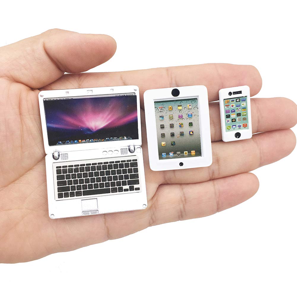 Vawuz 3 Pack Dollhouse Mini Laptop, Tablet & Smartphone – 1/12 Scale Metal Accessories