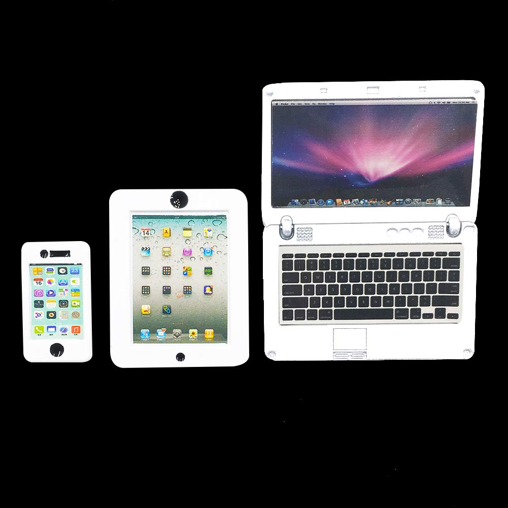 Vawuz 3 Pack Dollhouse Mini Laptop, Tablet & Smartphone – 1/12 Scale Metal Accessories