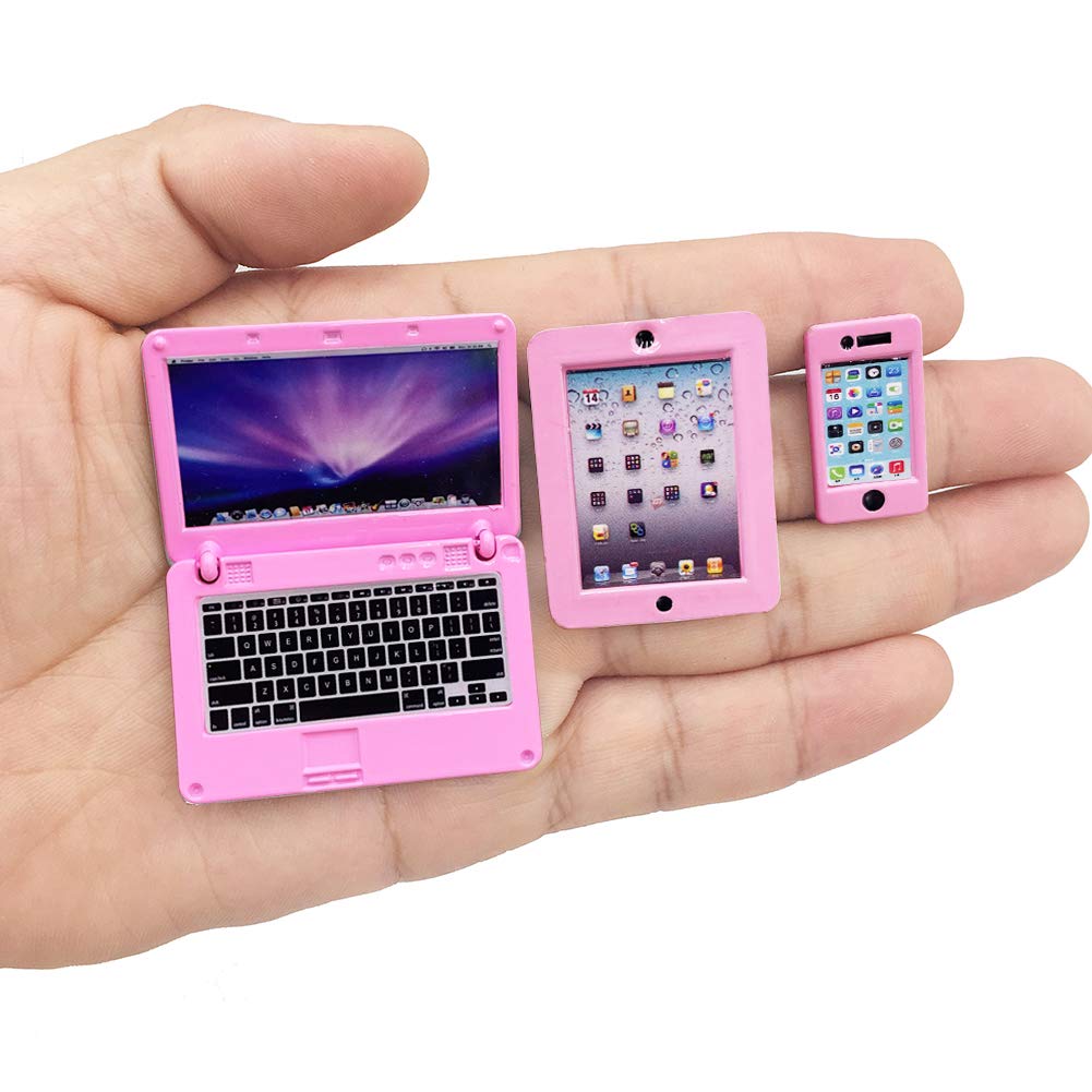 Vawuz 3 Pack Dollhouse Mini Laptop, Tablet & Smartphone Set - Pink, 1:12 Scale