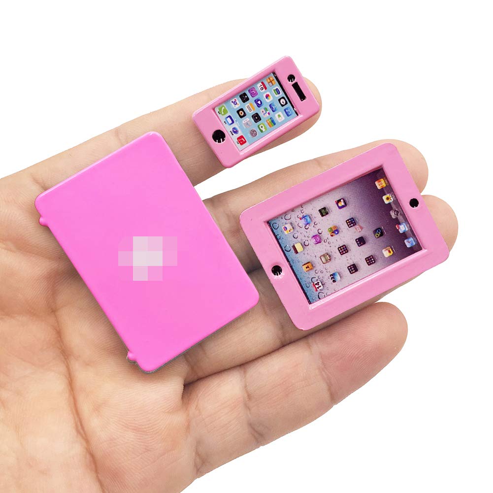 Vawuz 3 Pack Dollhouse Mini Laptop, Tablet & Smartphone Set - Pink, 1:12 Scale