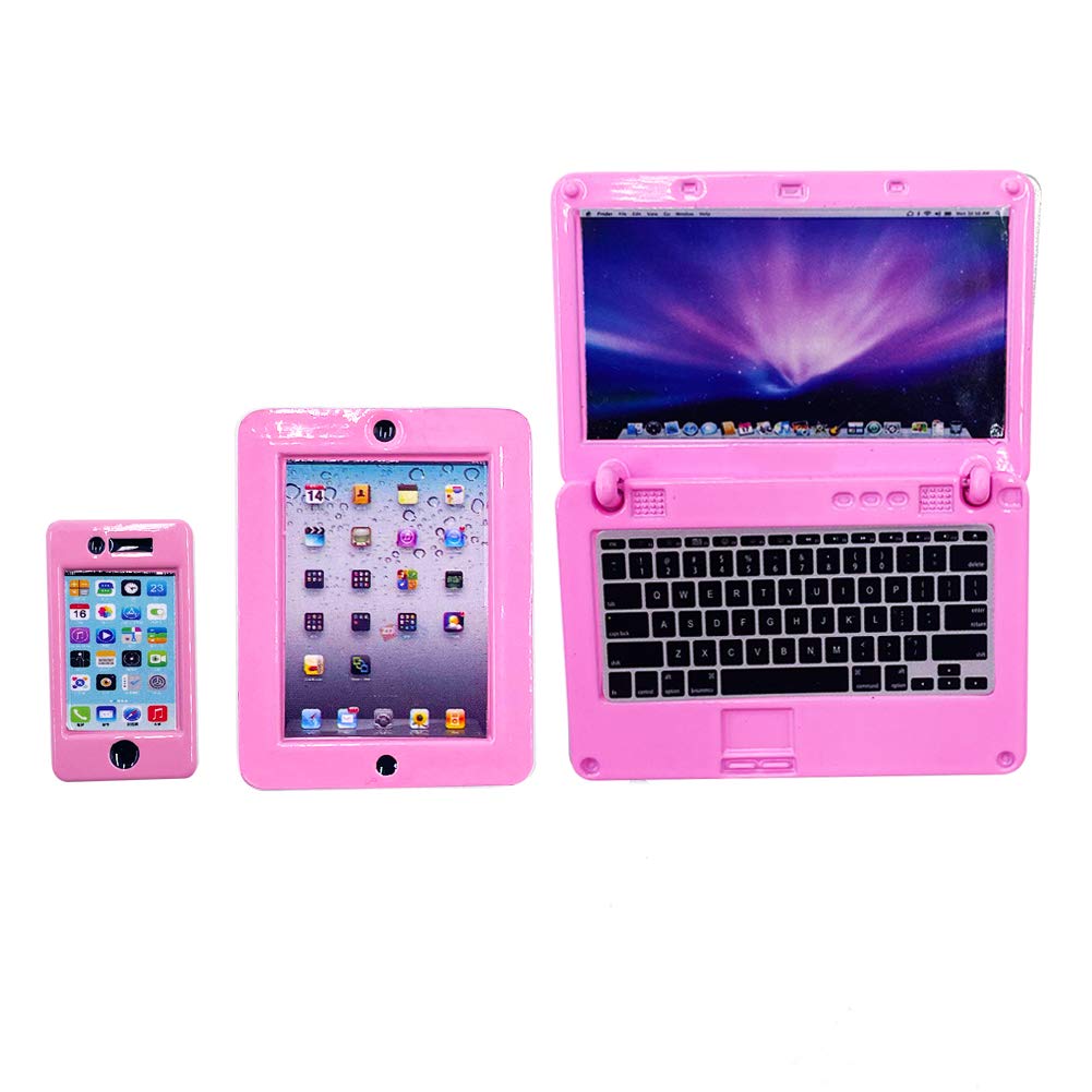 Vawuz 3 Pack Dollhouse Mini Laptop, Tablet & Smartphone Set - Pink, 1:12 Scale