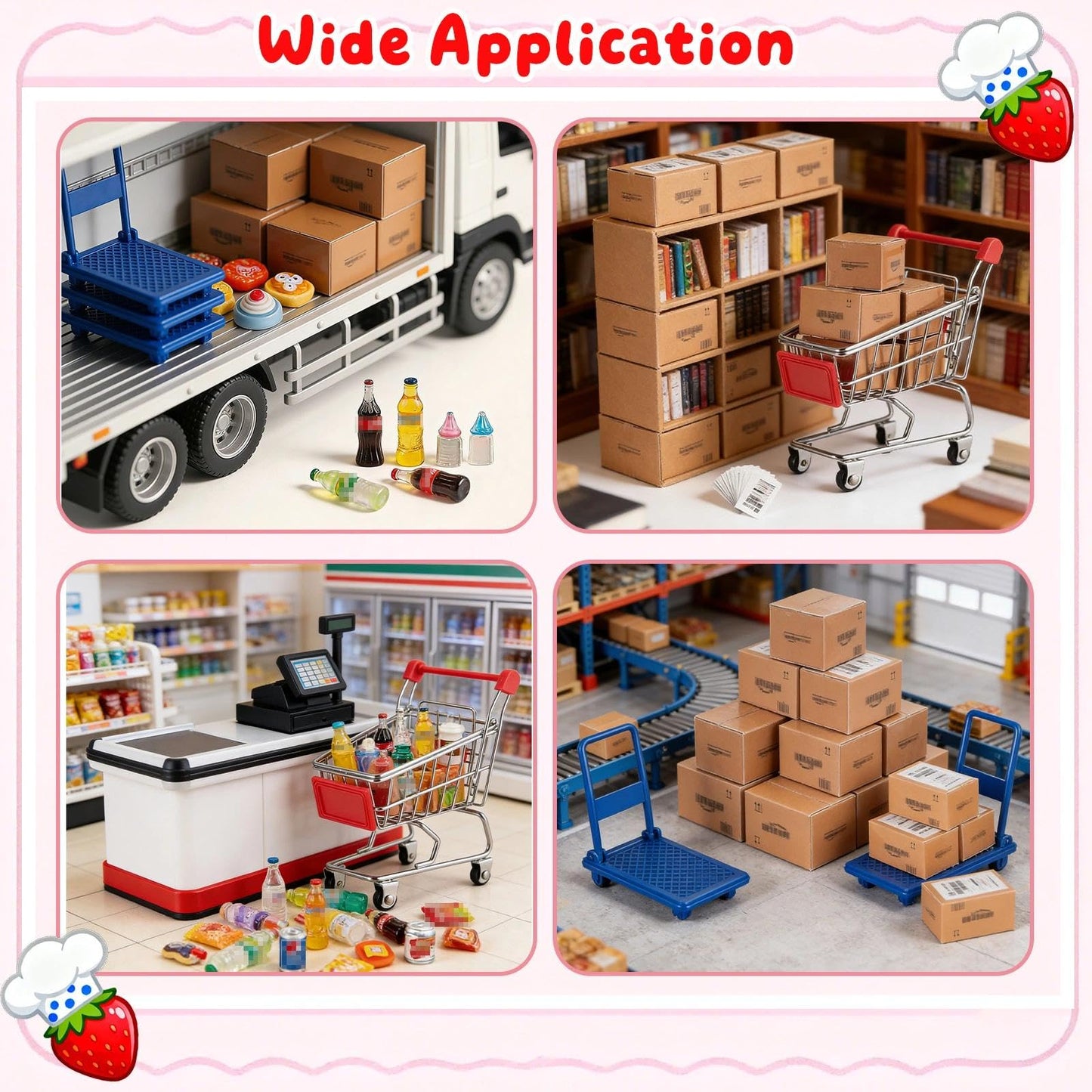 Vawuz 175PCS Miniature Shopping Cart Set – 1:12 Dollhouse Props, Courier Boxes, Bottles & Handcarts