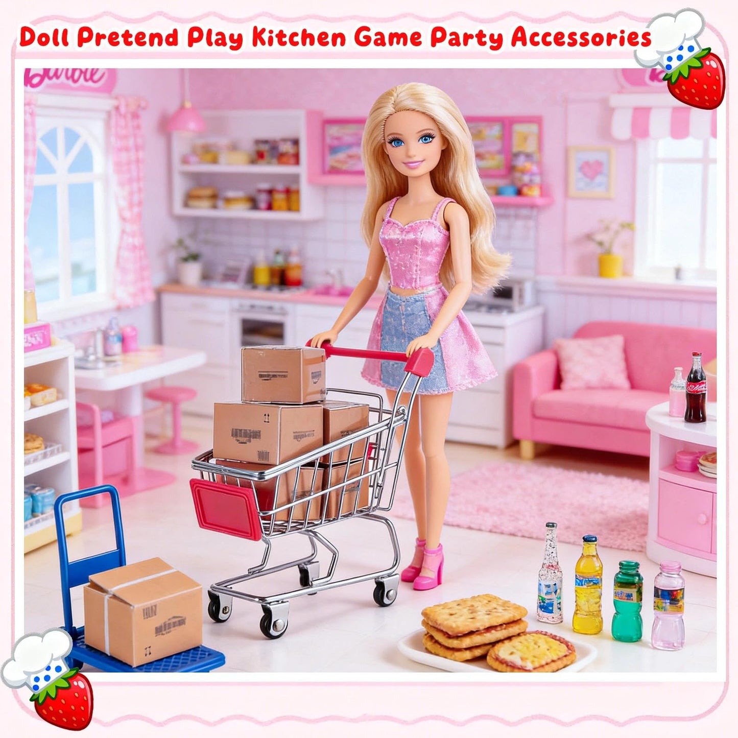 Vawuz 175PCS Miniature Shopping Cart Set – 1:12 Dollhouse Props, Courier Boxes, Bottles & Handcarts