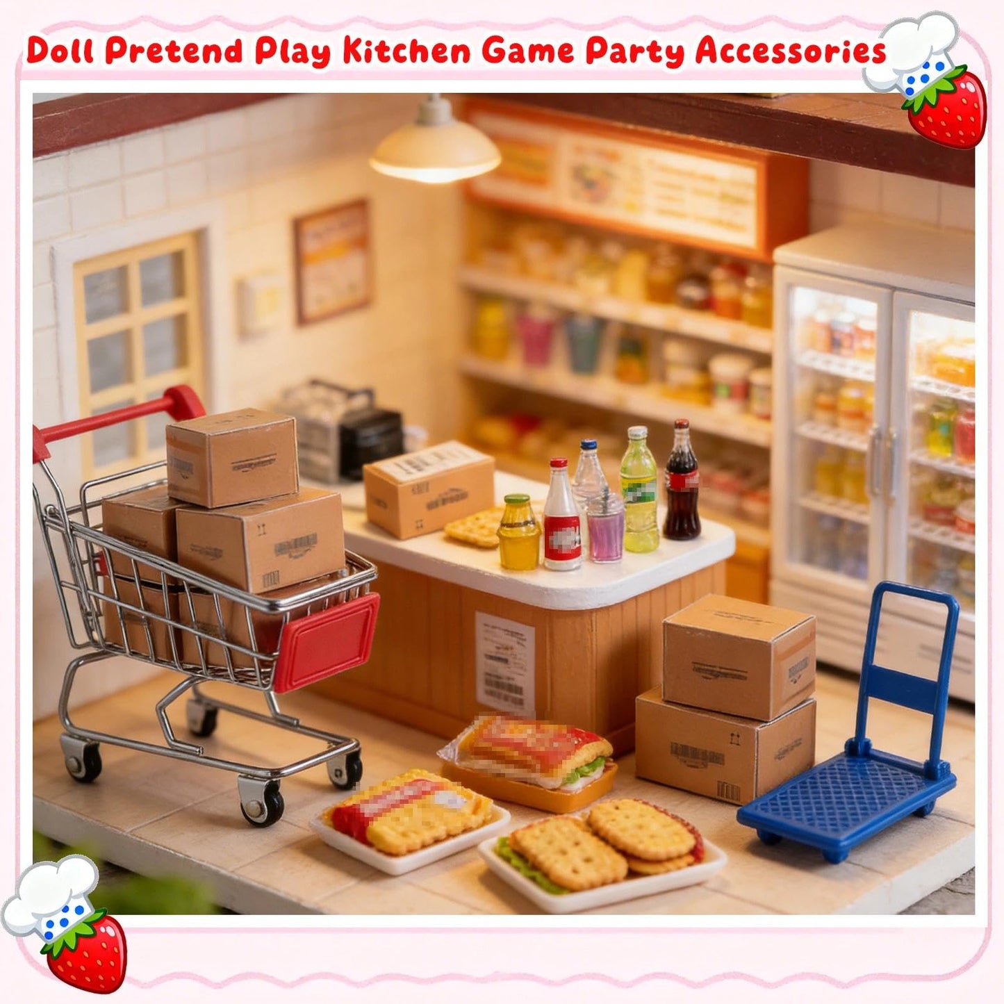 Vawuz 175PCS Miniature Shopping Cart Set – 1:12 Dollhouse Props, Courier Boxes, Bottles & Handcarts