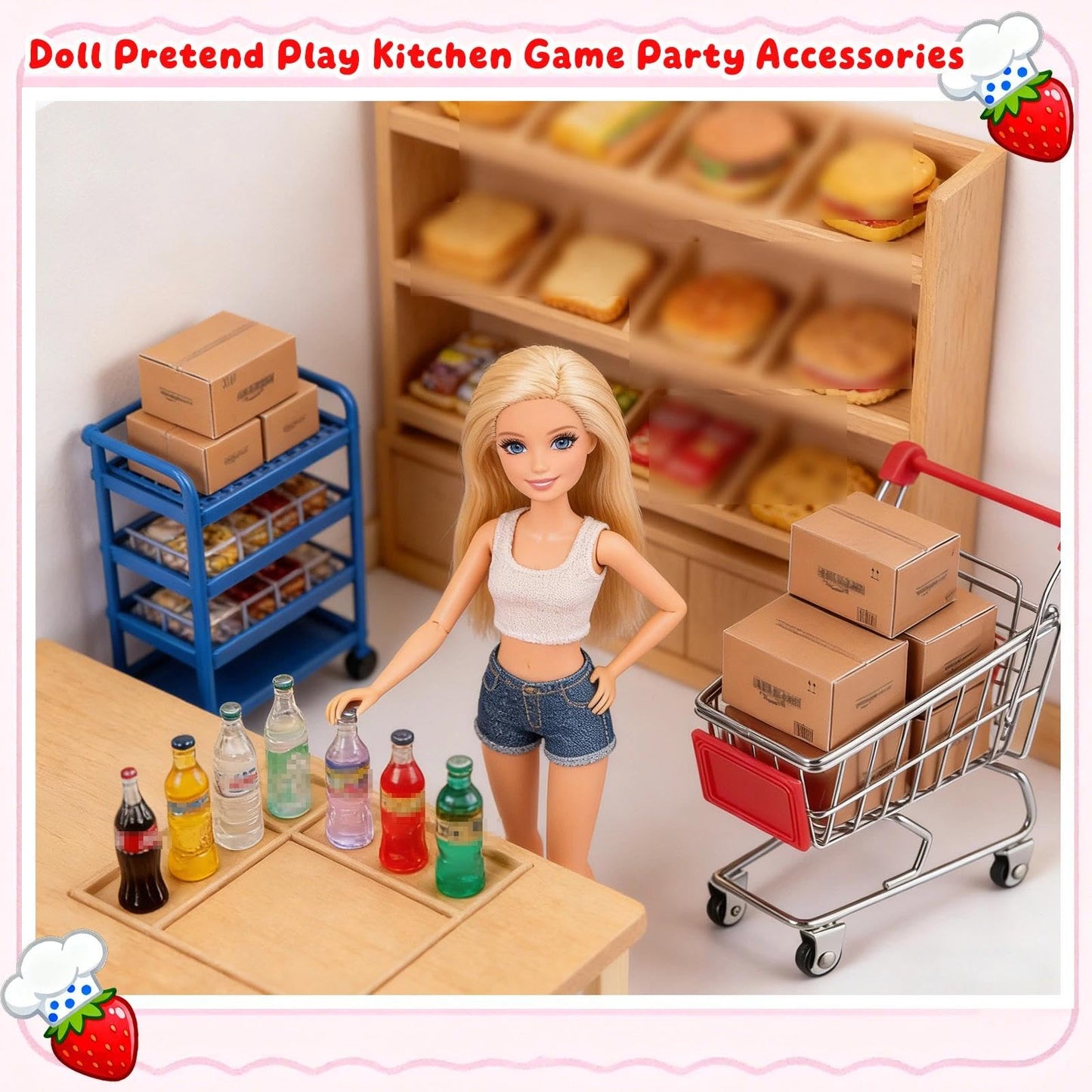 Vawuz 175PCS Miniature Shopping Cart Set – 1:12 Dollhouse Props, Courier Boxes, Bottles & Handcarts