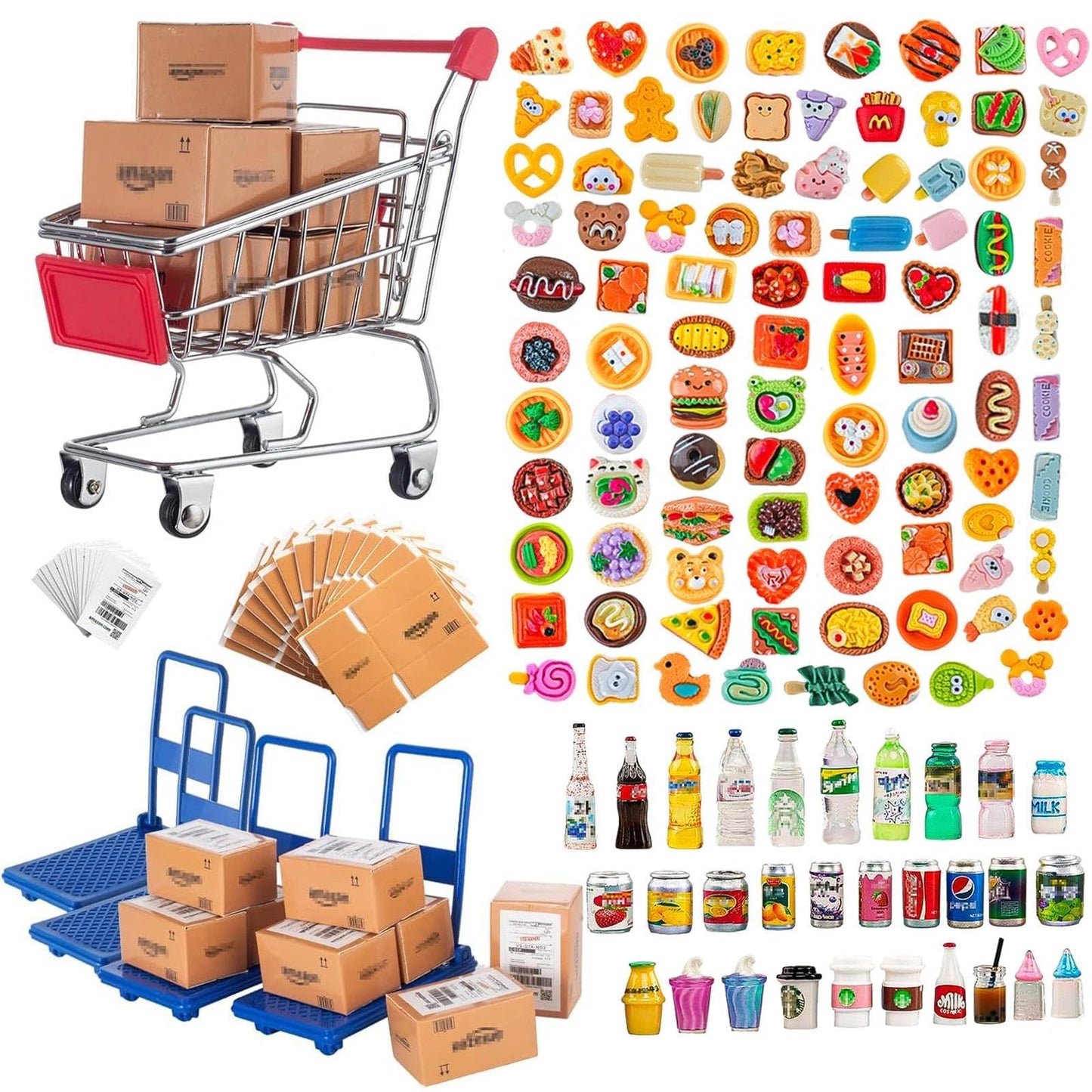 Vawuz 175PCS Miniature Shopping Cart Set – 1:12 Dollhouse Props, Courier Boxes, Bottles & Handcarts